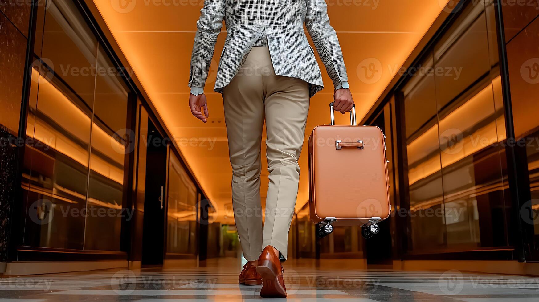 Businessman walking through a modern corridor with a suitcase, showcasing a sleek interior design photo