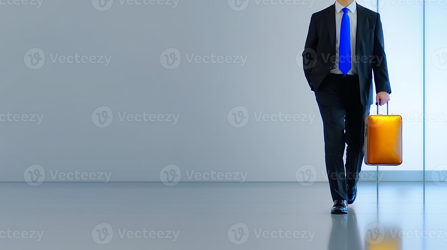 Businessman walking with briefcase in modern office space, reflecting professionalism and focus photo