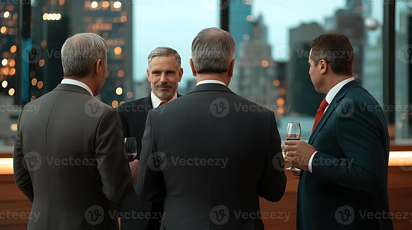 Businessmen engaged in conversation at a city skyline event, with glasses in hand and a lively atmosphere photo