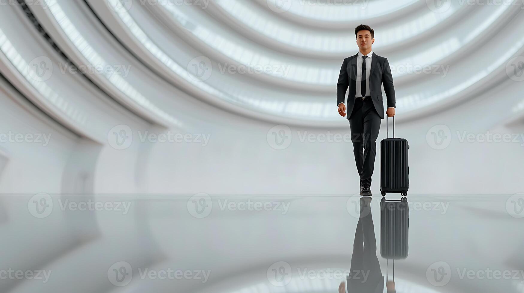 Businessman walking with suitcase in modern architectural space with reflective floor photo
