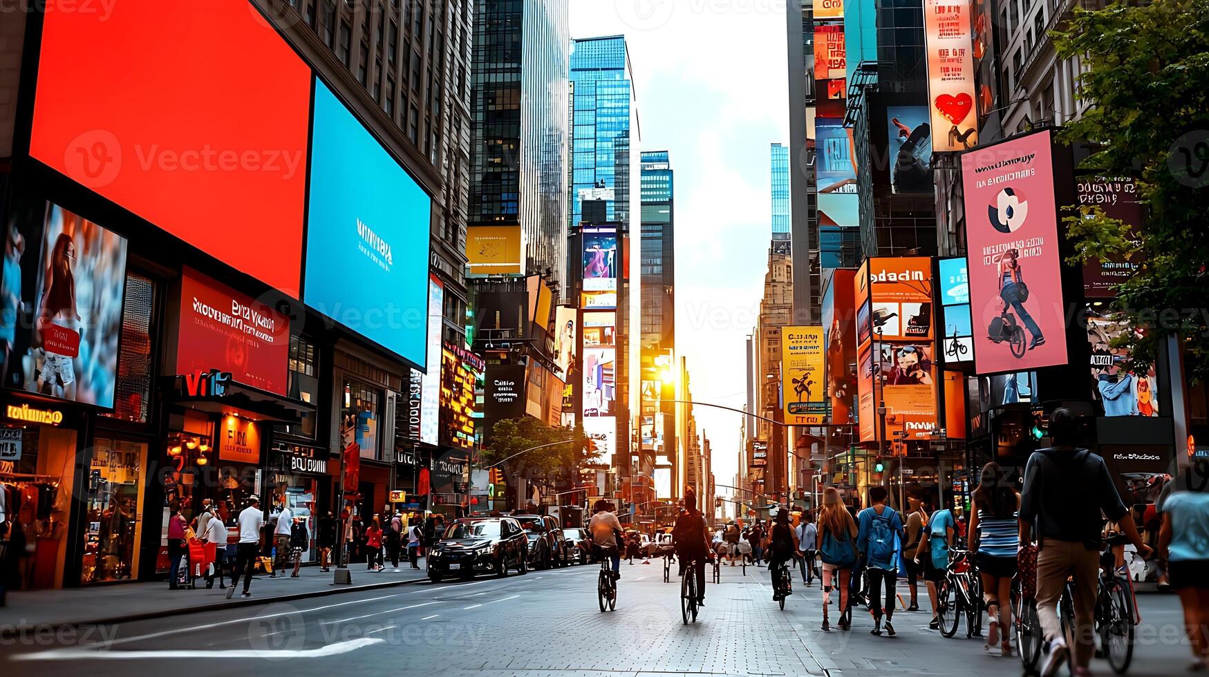 Busy Times Square at Sunset with Cyclists and Pedestrians Amidst Vibrant Billboards photo