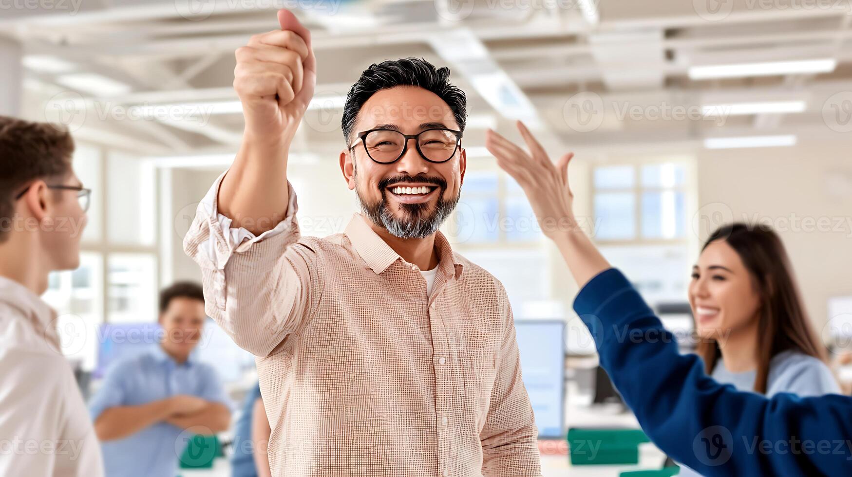 Celebrating team success in a modern office with cheerful colleagues engaging in collaboration photo