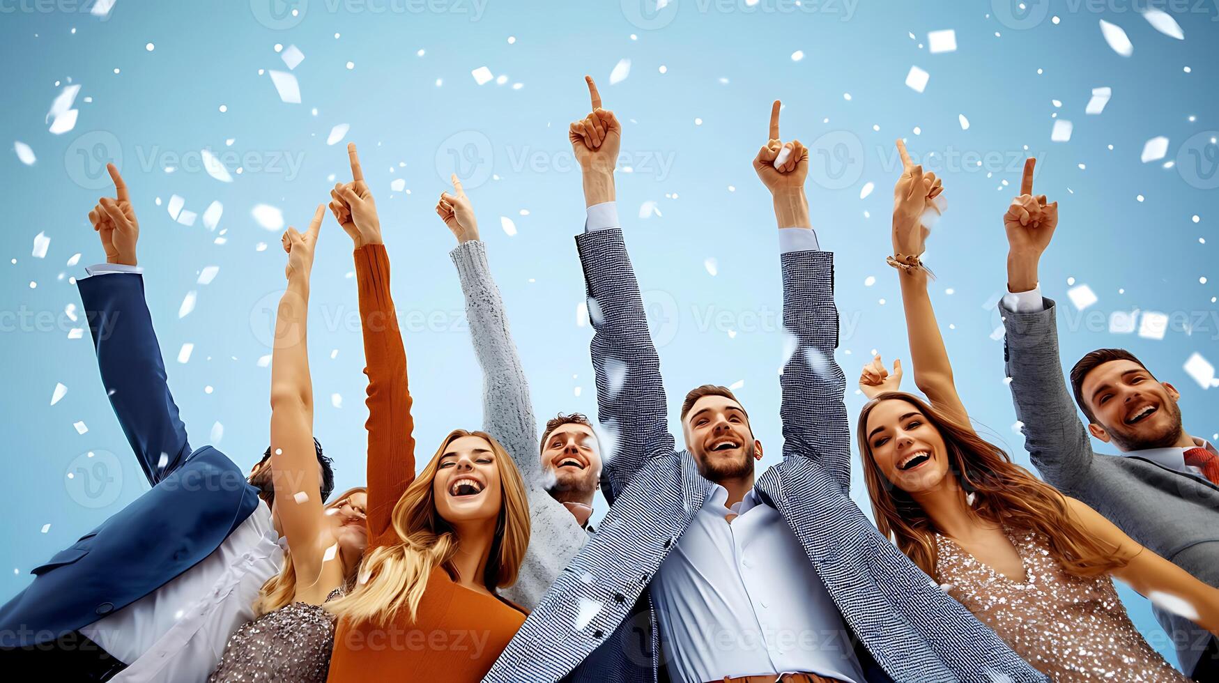 Celebratory group of people raising hands in joy with confetti falling against a clear sky photo