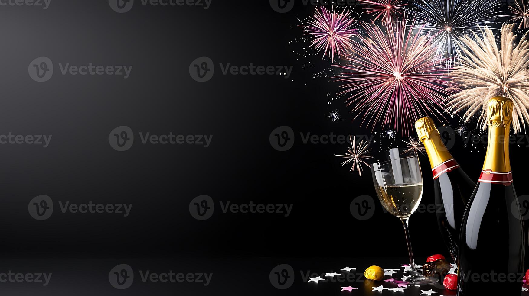Celebration scene featuring champagne bottles and glasses with fireworks in the background photo