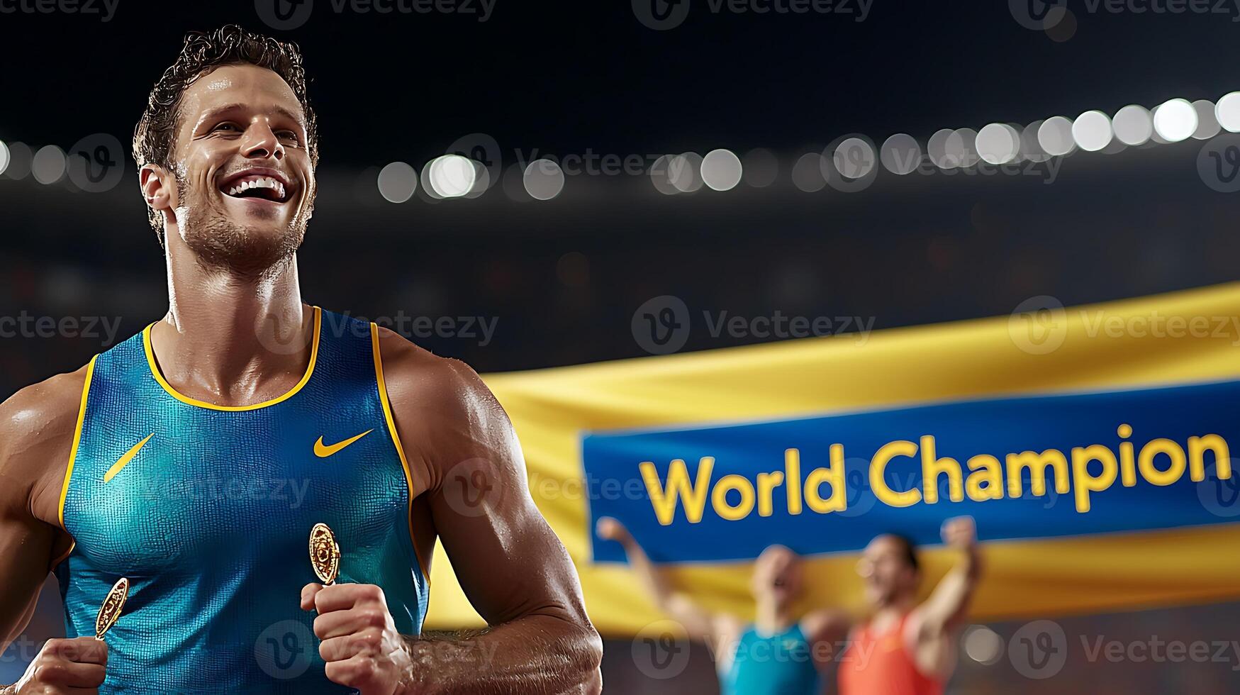 Celebrating a victorious athlete holding medals in a stadium with cheering supporters in background photo