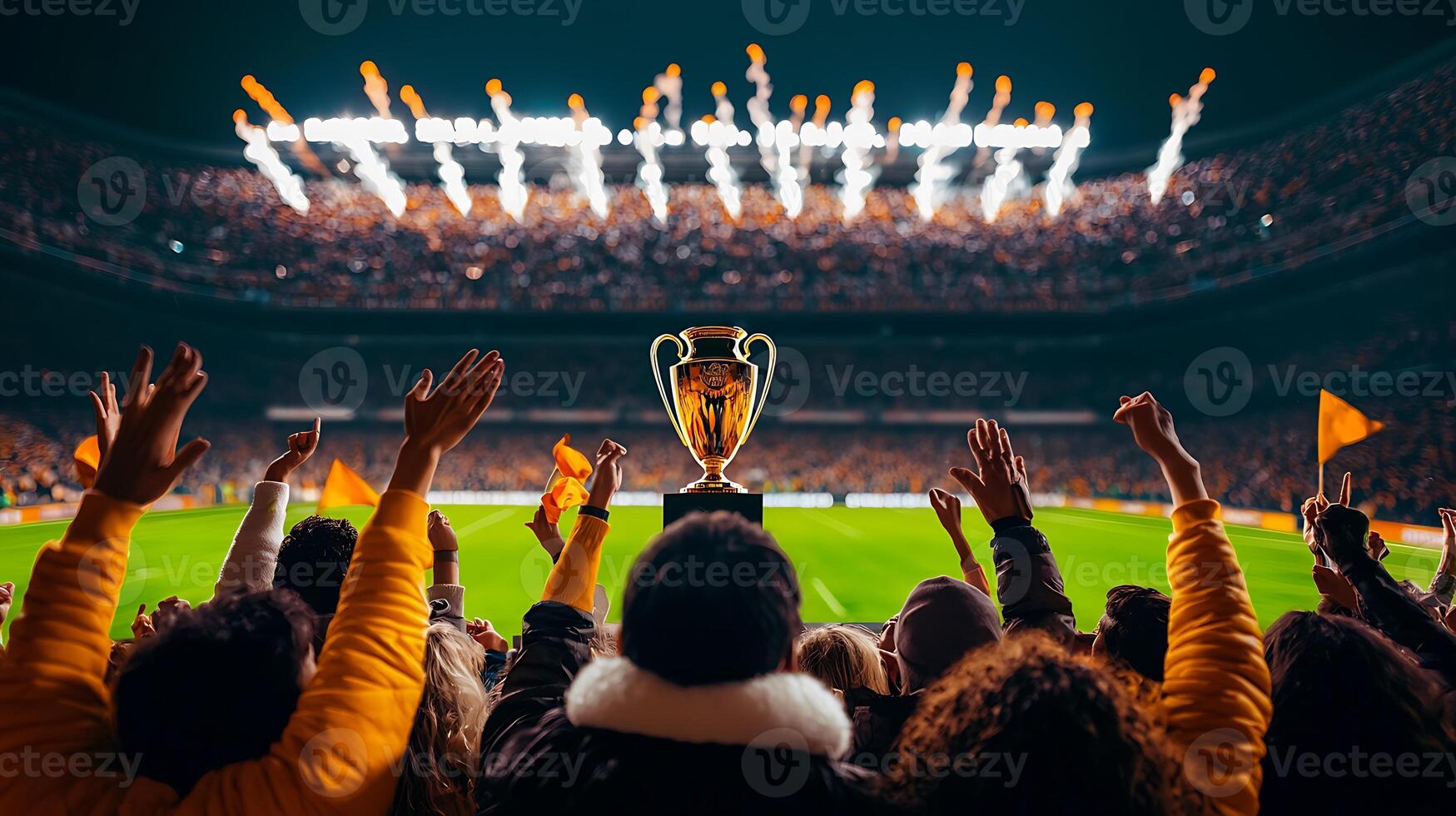 Celebratory crowd raises hands with a trophy after a thrilling sports victory in a vibrant stadium photo