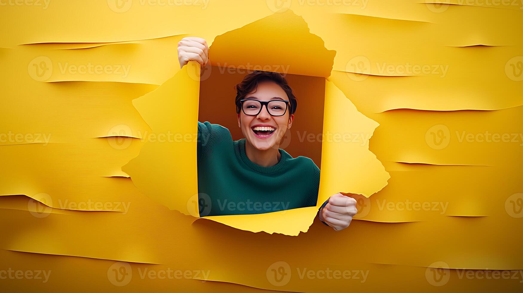 Cheerful woman peeking through a torn yellow wall, showcasing joy and creativity in a vibrant setting photo