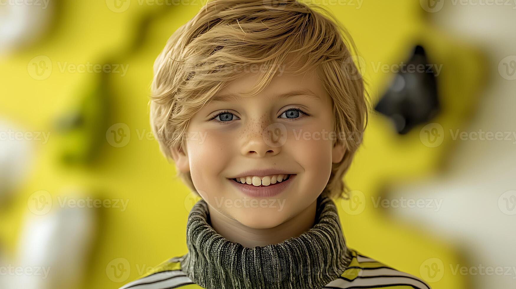 Cheerful young boy with blonde hair smiles against a vibrant yellow background, showcasing joy photo