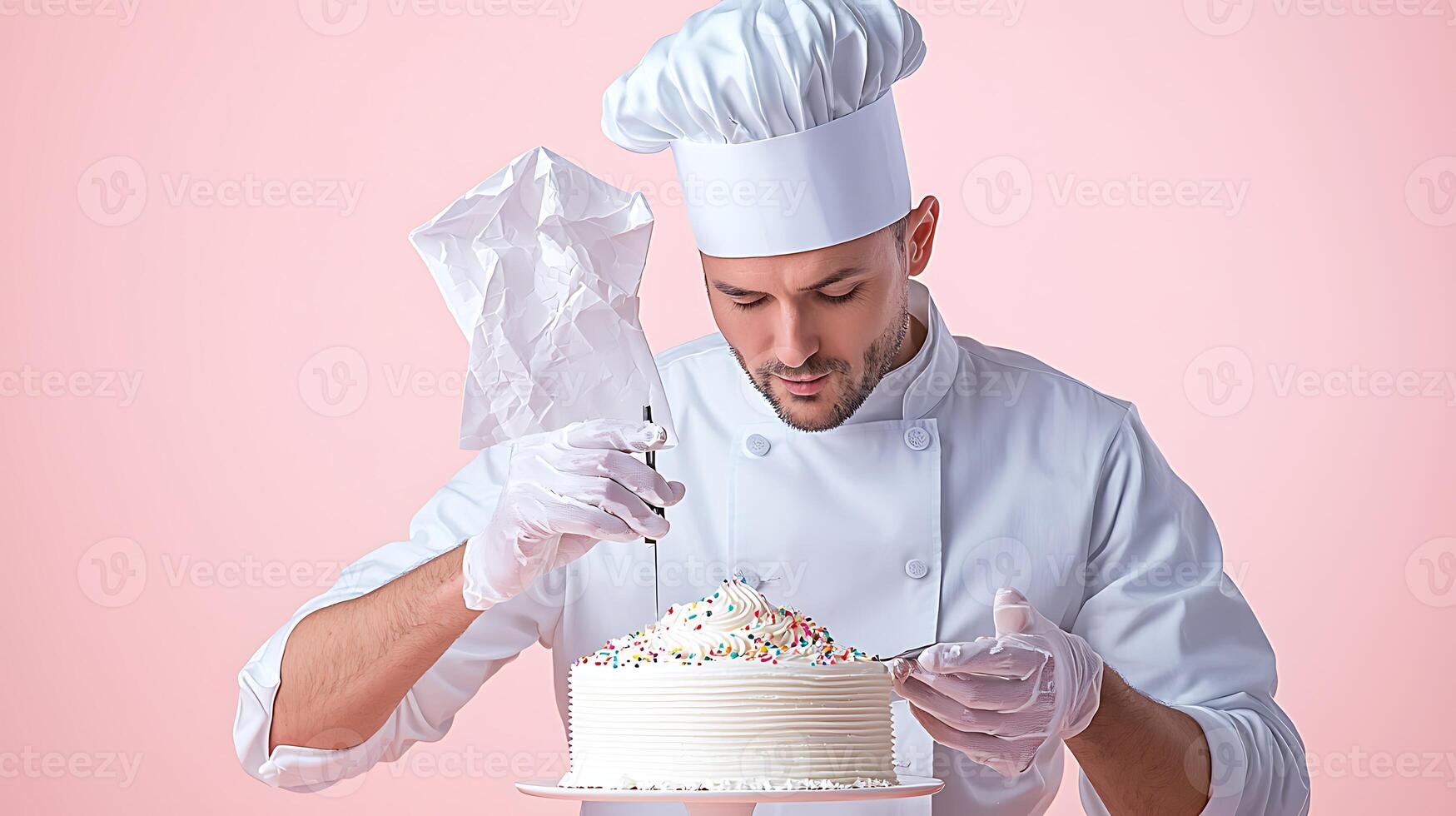 Chef decorating a cake with colorful sprinkles in a pastel pink studio background photo