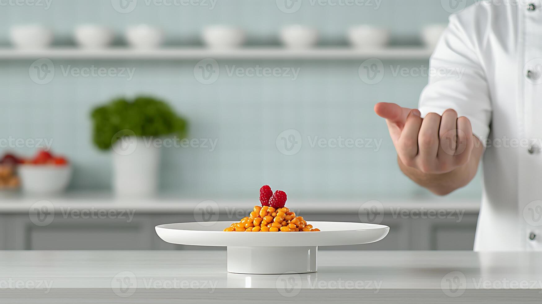 Chef presenting a gourmet dish of colorful pasta garnished with berries in a modern kitchen photo