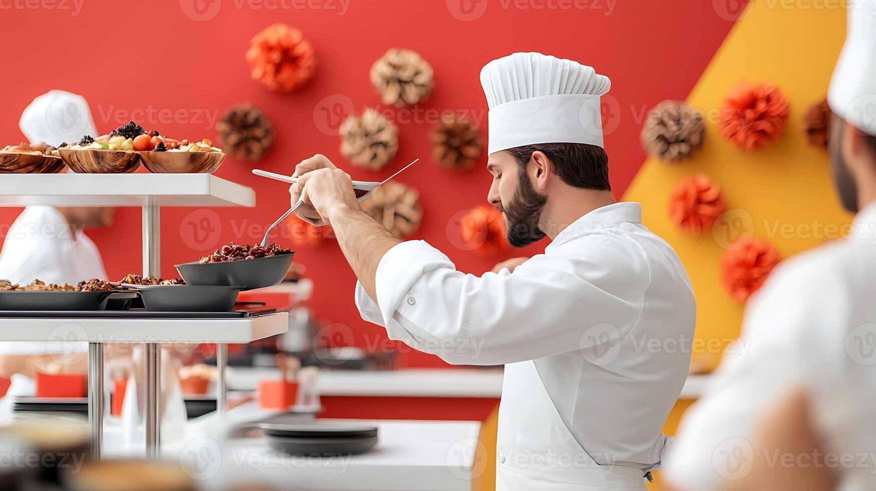 Chef skillfully plating gourmet dishes in a vibrant kitchen with decorative wall elements photo