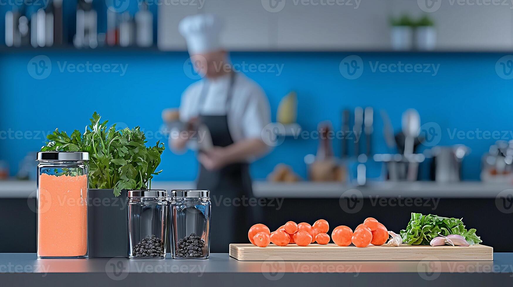 Chef preparing fresh ingredients in a modern kitchen with vibrant colors and organized workspace photo