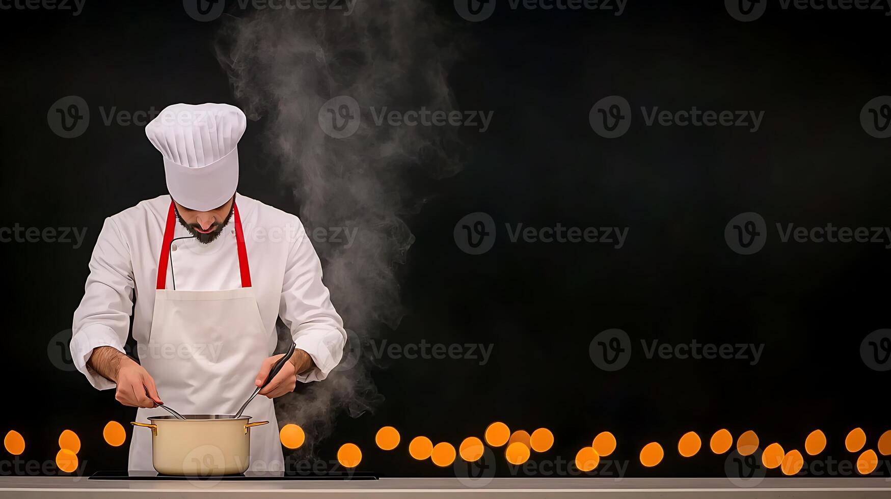 Chef stirring a pot in a professional kitchen, steam rising, with blurred lights in the background photo