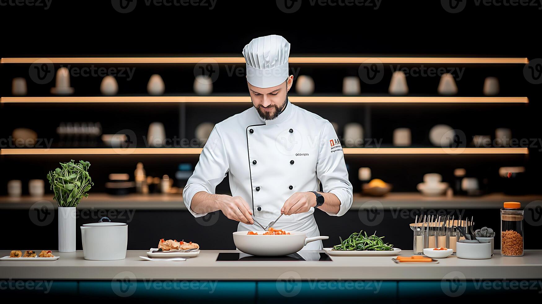 Chef skillfully preparing a gourmet dish in a modern kitchen with elegant decor and ingredients photo