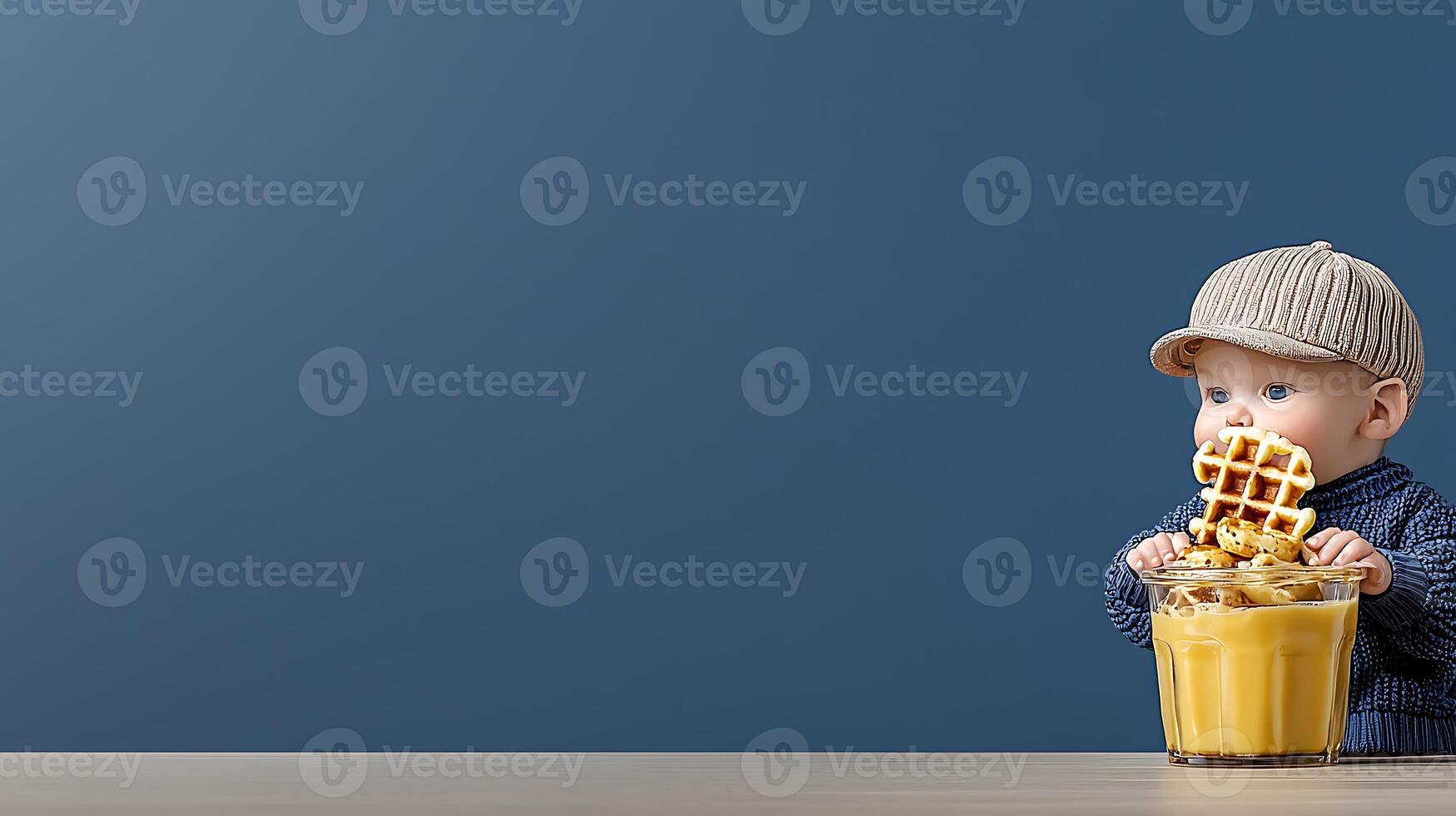 Child enjoying a delicious waffle treat with a drink, set against a simple blue background photo
