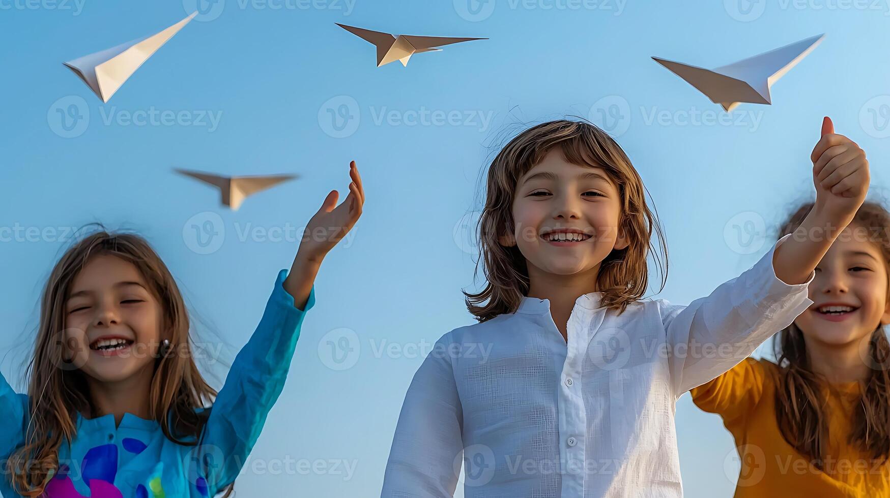 Children joyfully launching paper airplanes outdoors, with a clear blue sky and soft clouds in the background photo