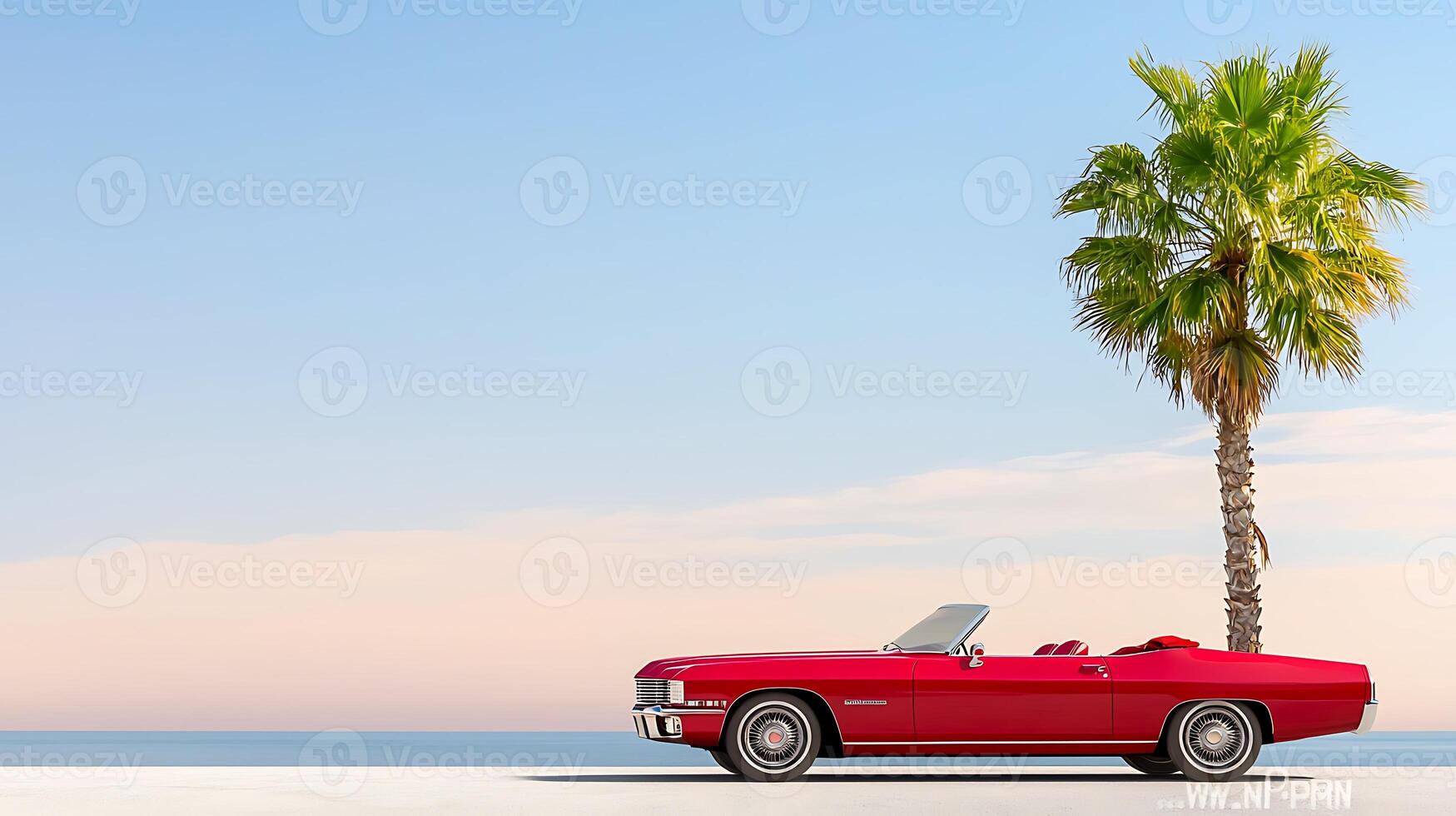 Classic red convertible parked under a palm tree against a serene beach backdrop at sunset photo