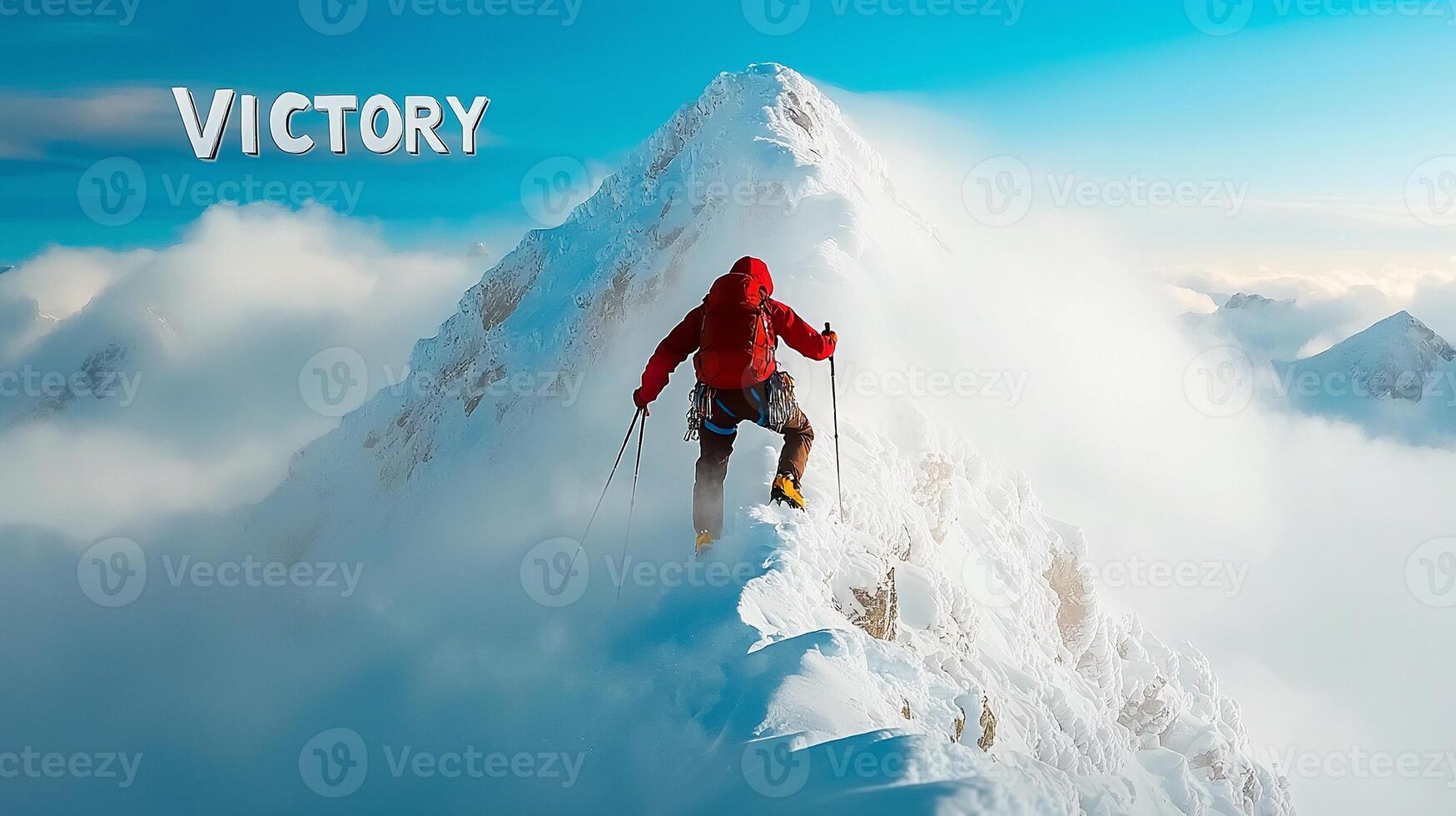 Climber Reaches Summit of Snow-Capped Mountain, Celebrating Victory Amidst Dramatic Clouds photo