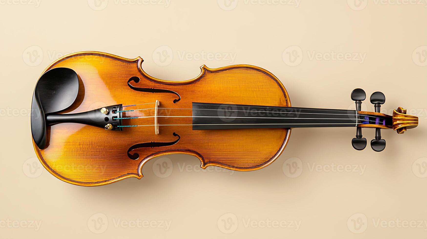 Close-up of a beautifully crafted violin on a soft beige background, showcasing its elegant curves and craftsmanship photo