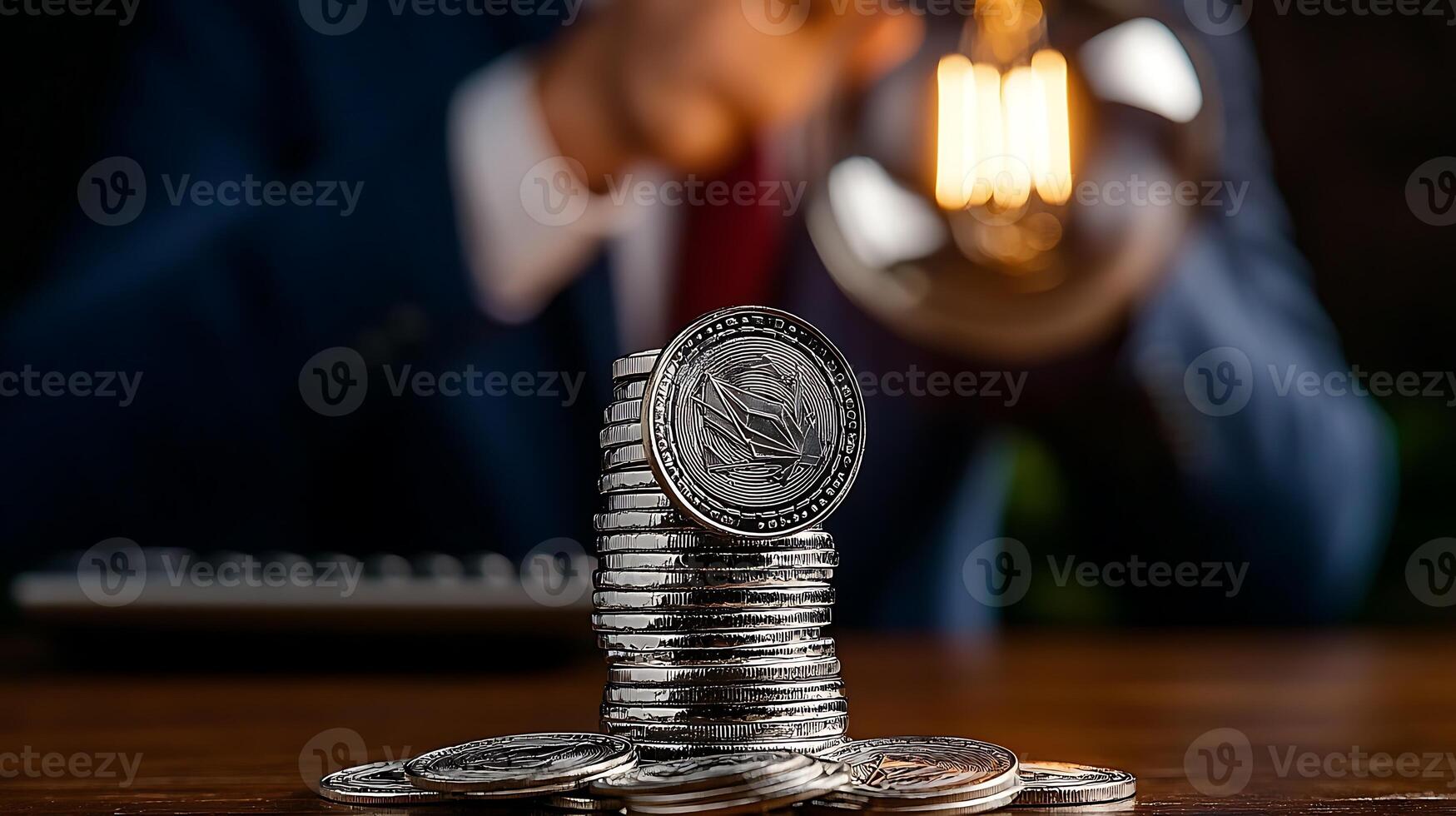 Close-up of a businessman stacking coins on a wooden table with a light bulb in the background photo