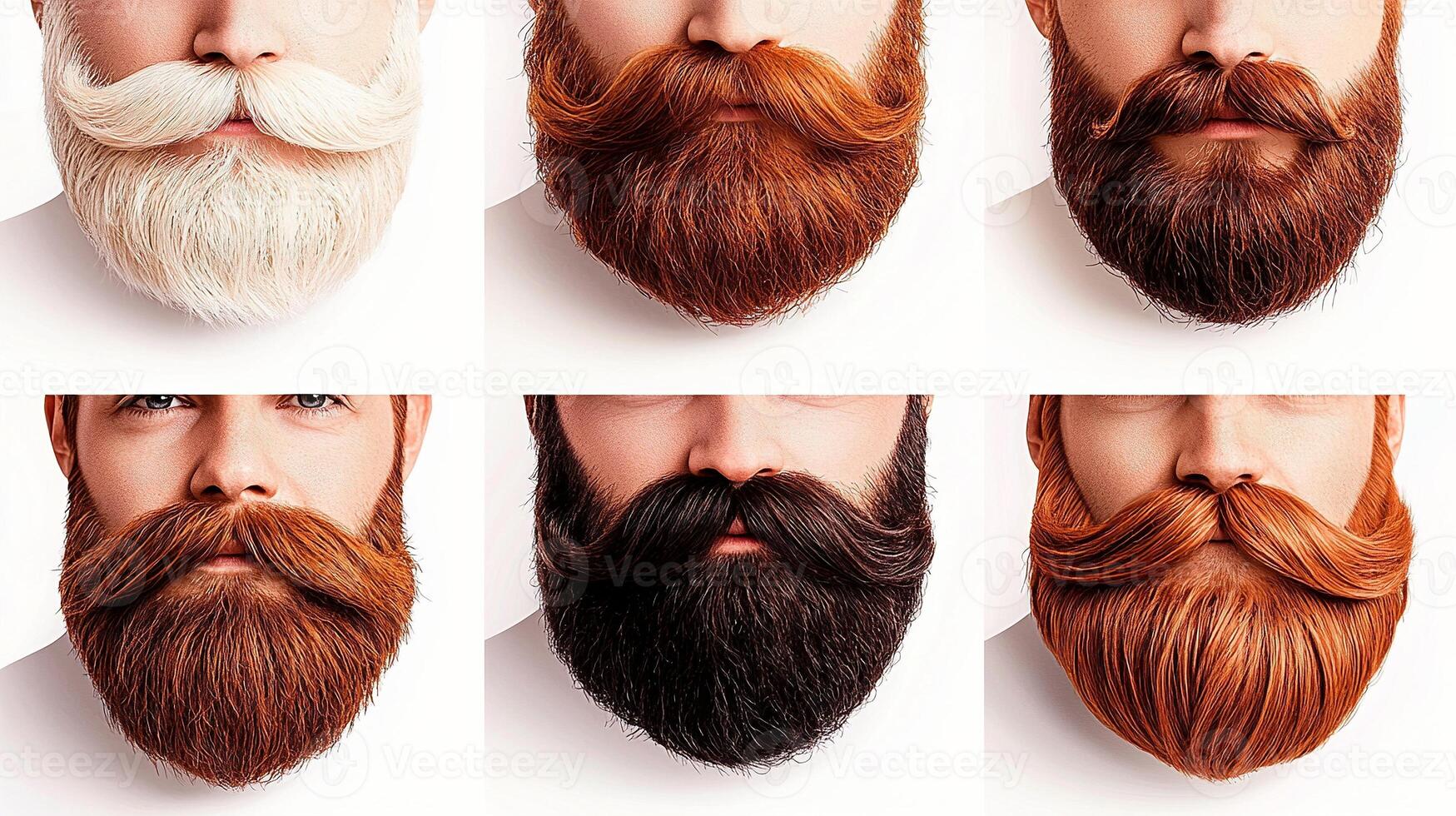 Close-up display of six distinct beard styles and colors on male models against a plain background photo