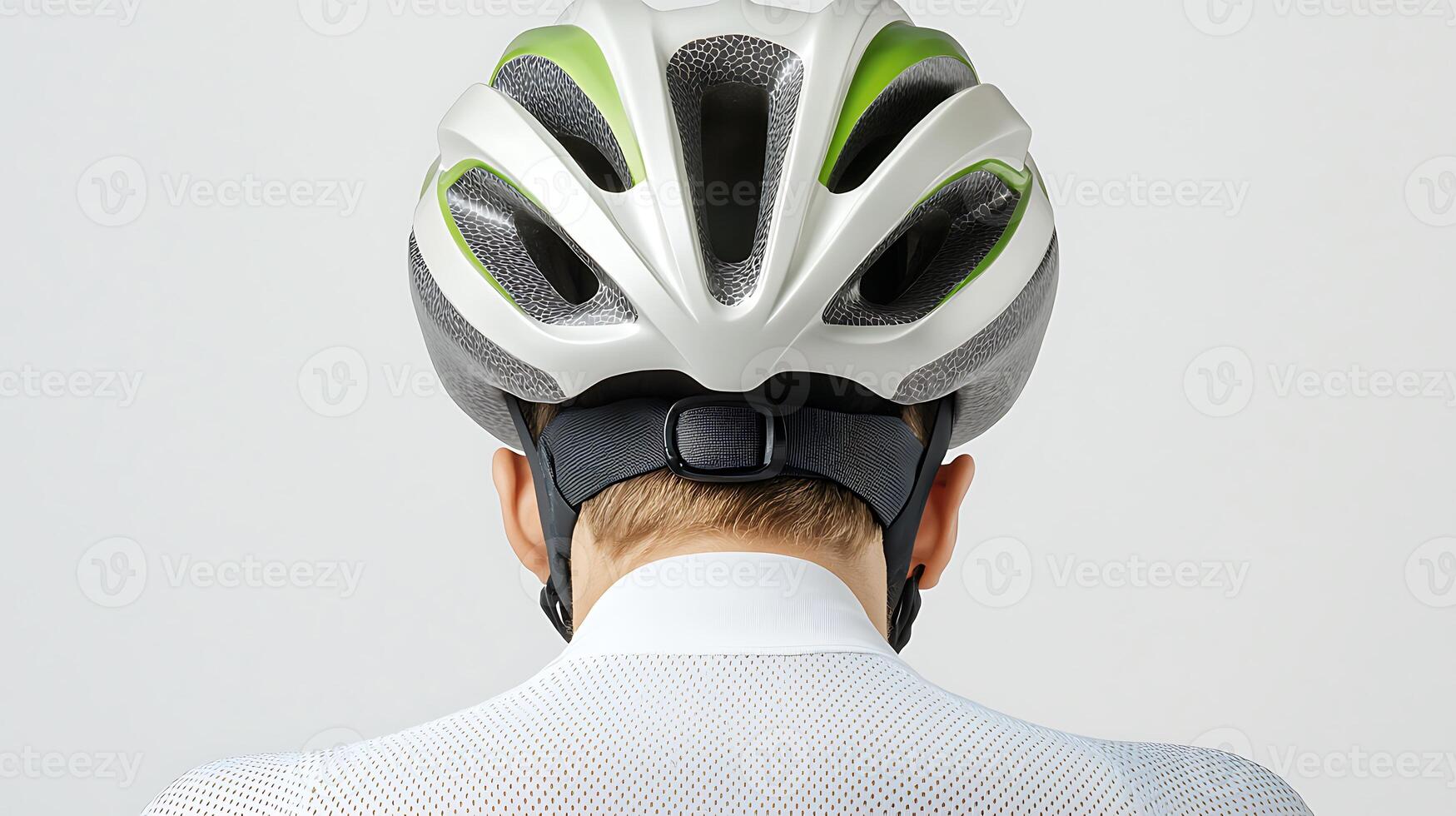 Close-up of a cyclist wearing a modern helmet, preparing for a ride in a minimalistic studio setting photo