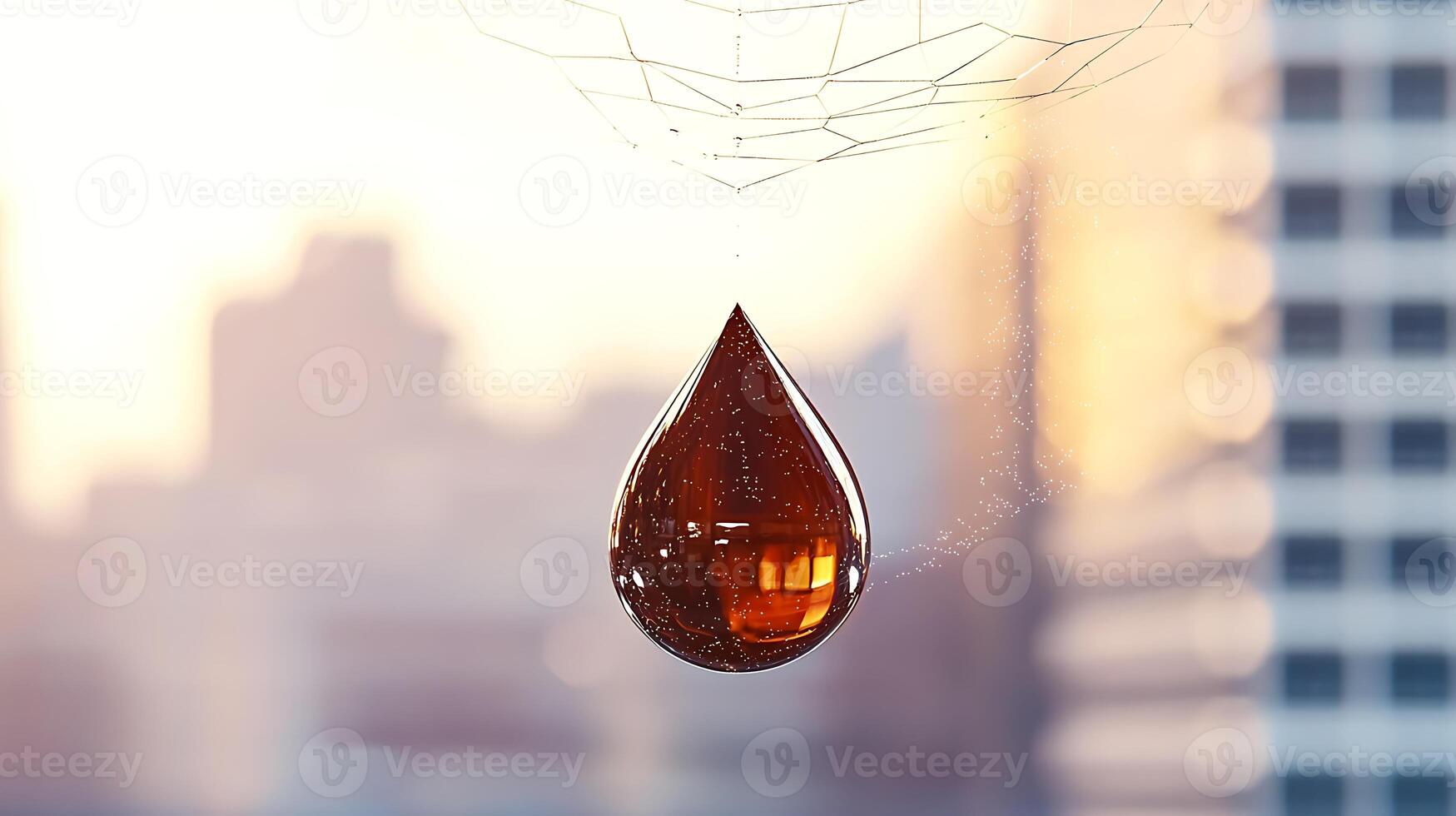 Close-up of a dew drop hanging from a spider web against a blurred city skyline at sunrise photo