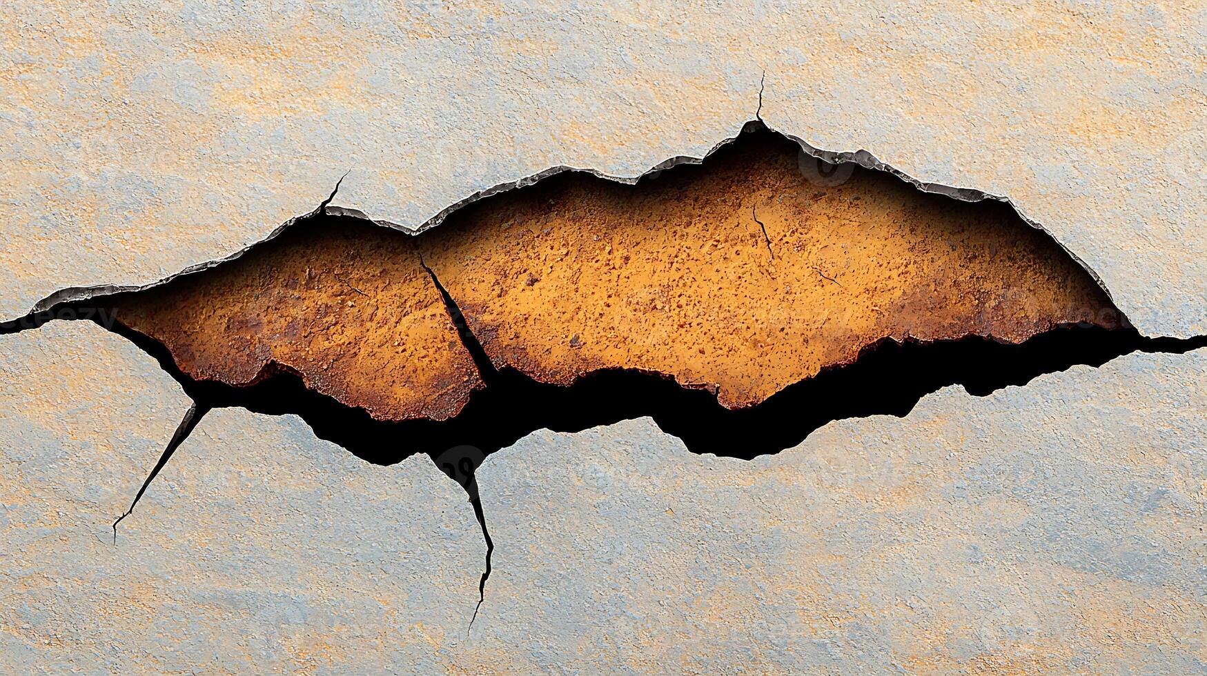 Close-up of a cracked surface revealing a warm, textured interior, set against a cool backdrop photo