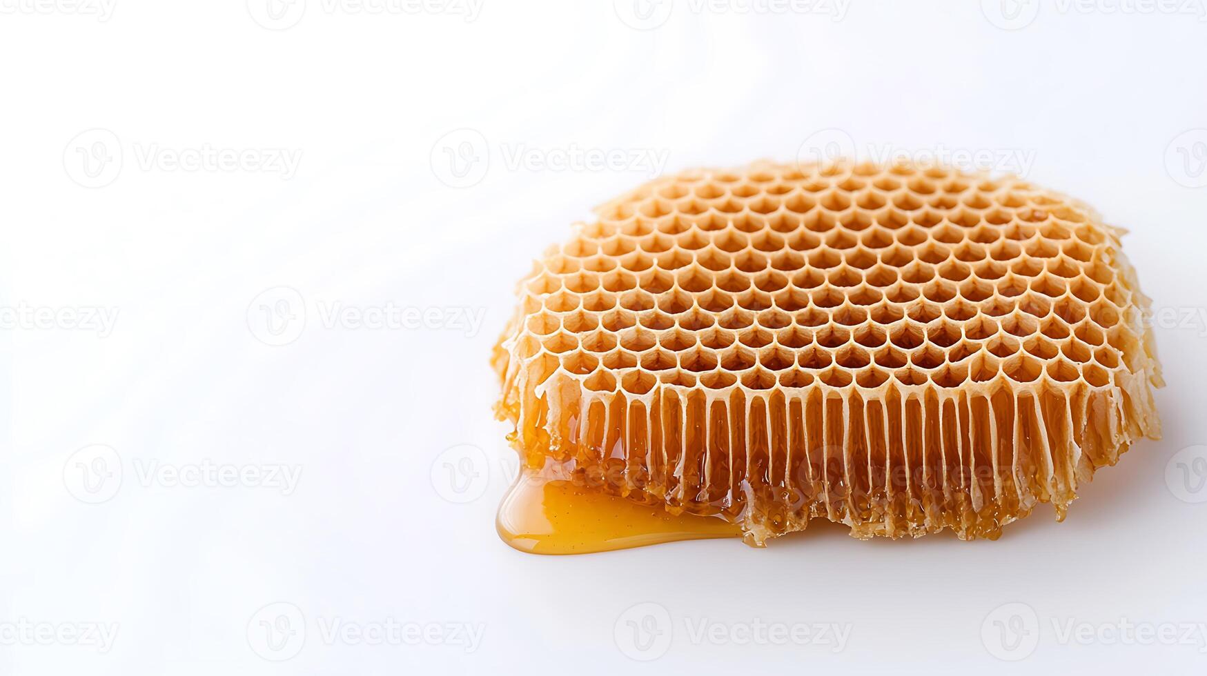 Close-up of a fresh honeycomb dripping with golden honey on a white background photo