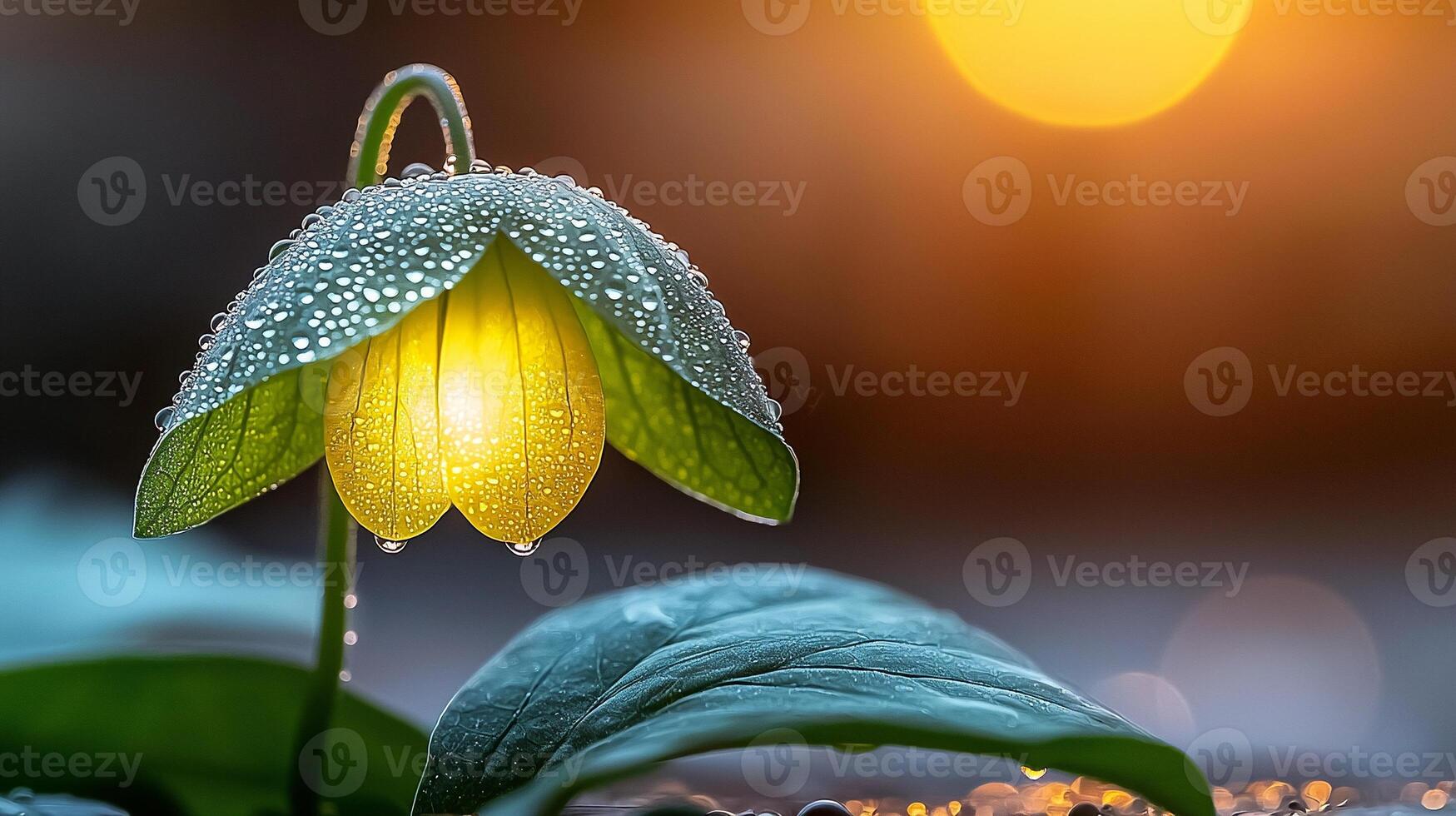 Close-up of a dew-covered yellow flower illuminated by soft sunlight in a serene natural setting photo