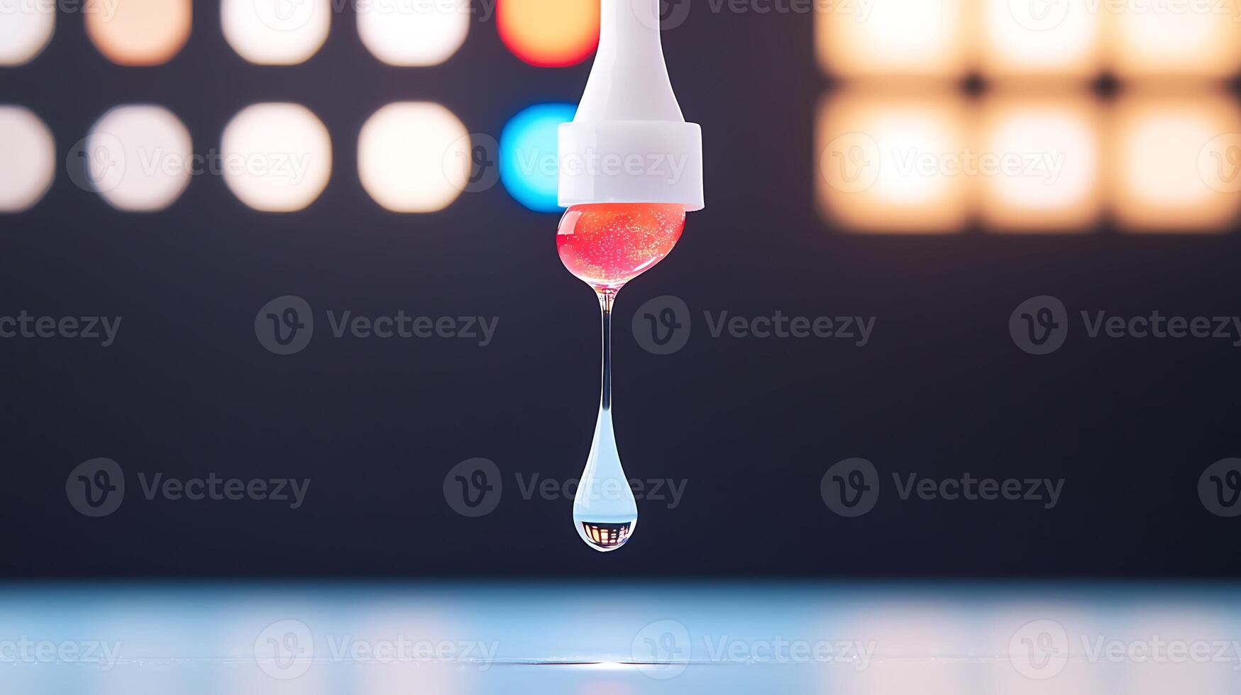 Close-up of a droplet forming from a pipette against a blurred colorful background photo