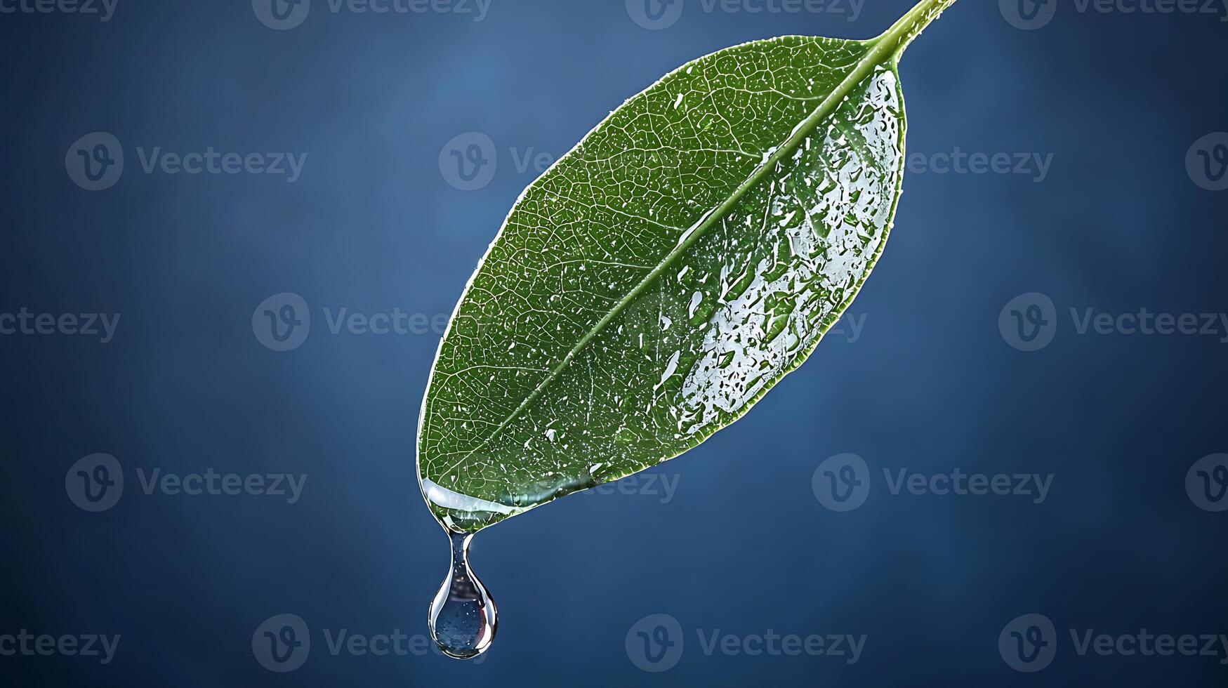 Close-up of a fresh green leaf with a water droplet hanging, set against a blurred blue background photo