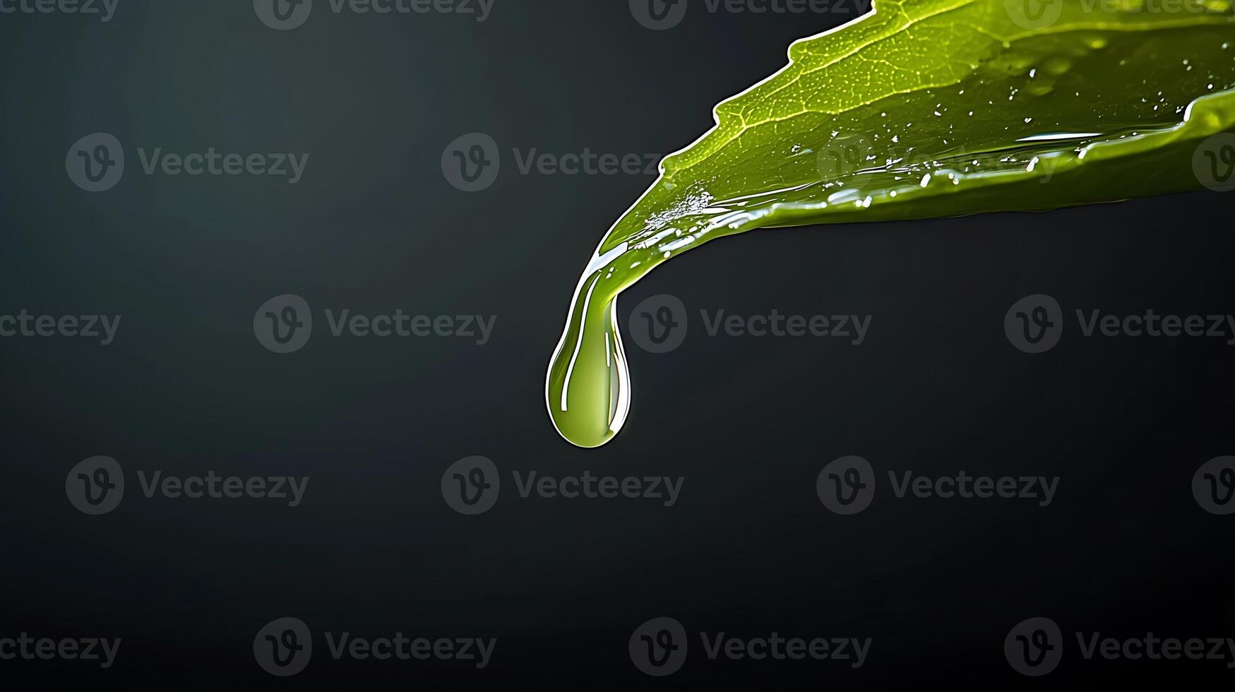 Close-up of a green leaf dripping with water on a dark background, showcasing natural beauty photo