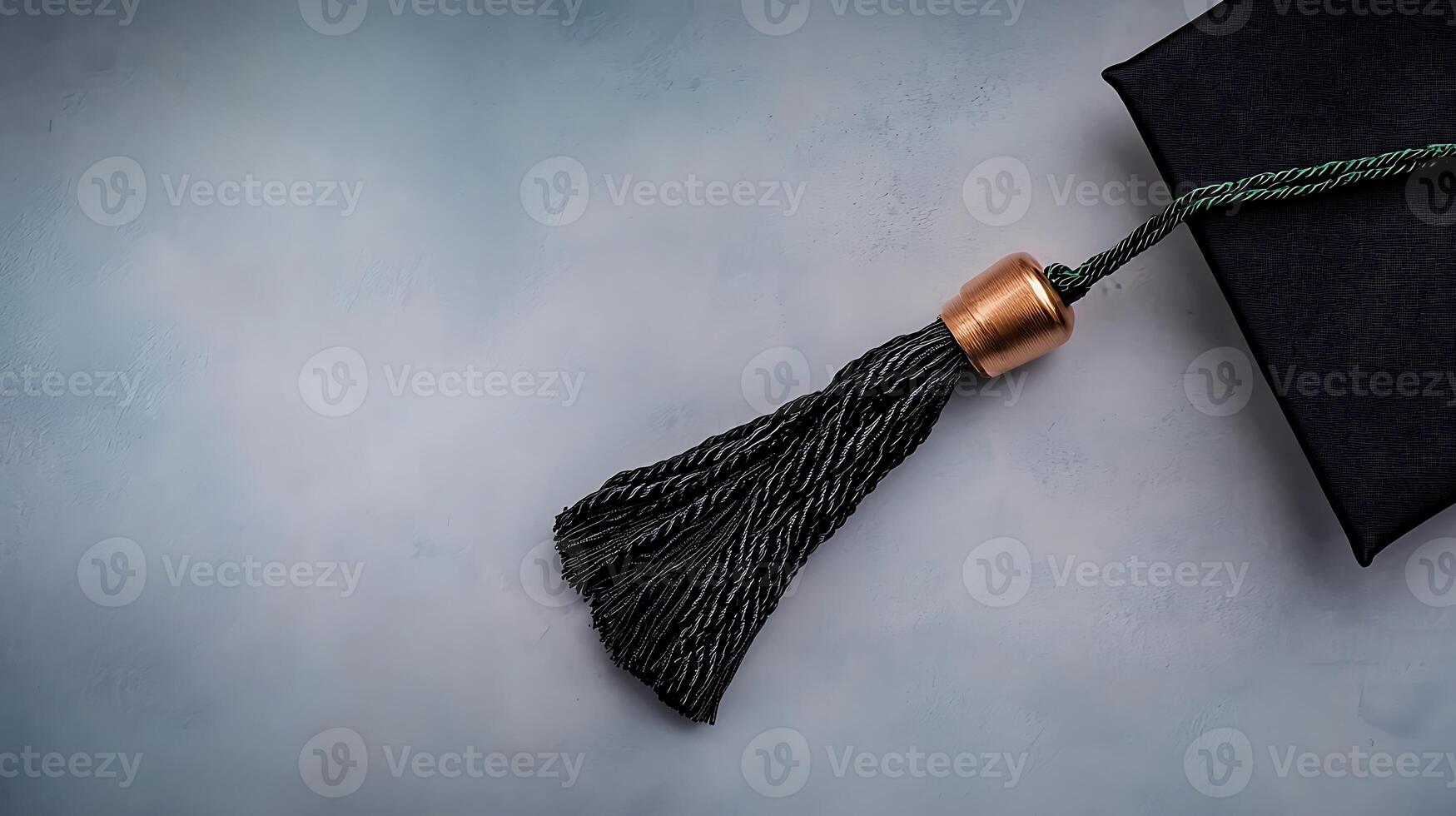 Close-up of a graduation cap tassel with a copper end against a soft blue background photo