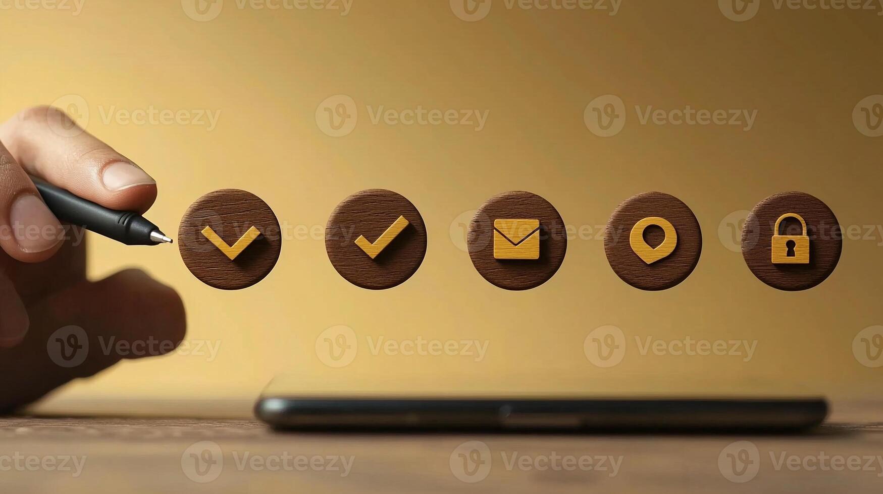 Close-up of a hand holding a pen above wooden icons representing tasks and communication on a smartphone photo