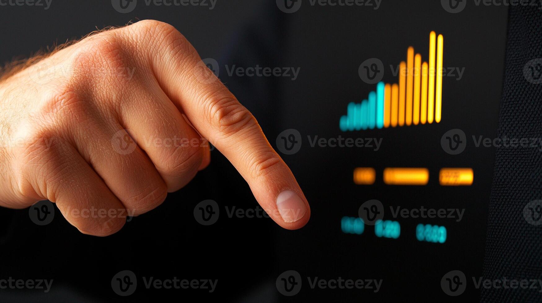 Close-up of a hand pointing at a digital screen displaying colorful data graphs in a dark setting photo