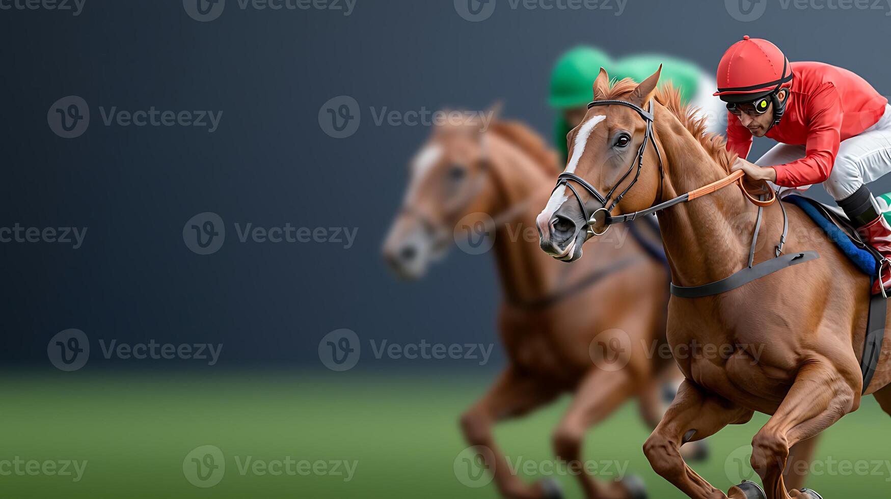 Close-up of a horse race with jockeys in vibrant colors competing on a blurred green track photo