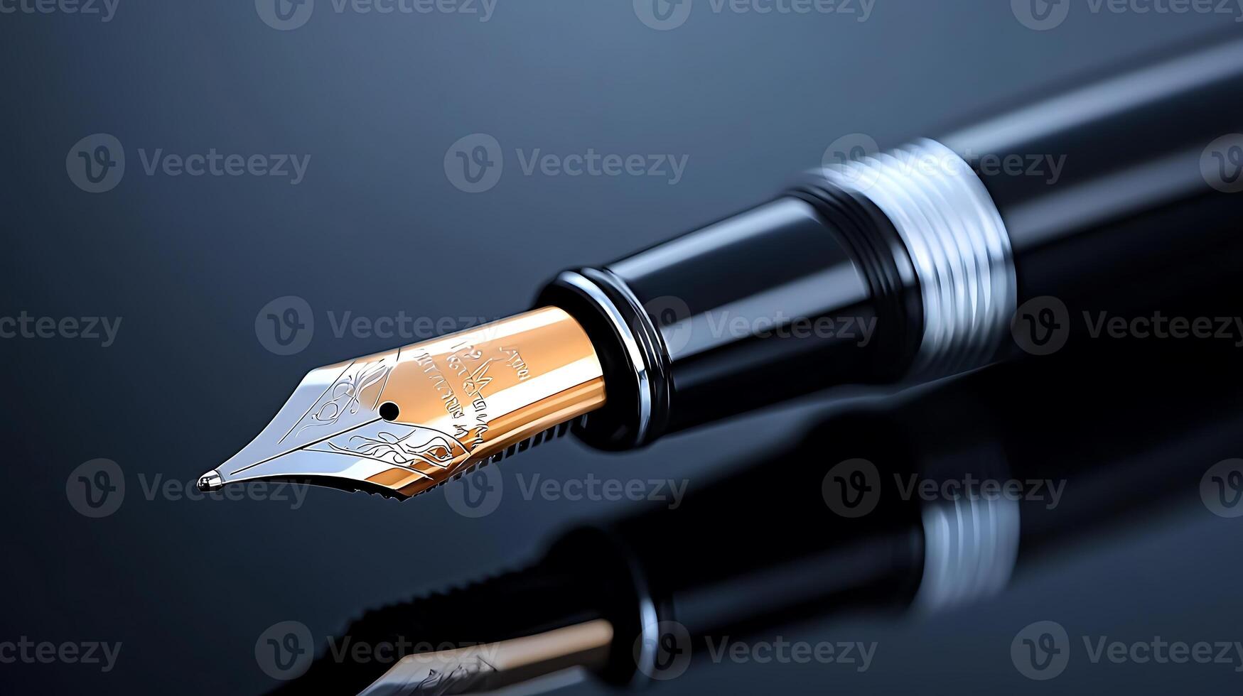 Close-up of a luxurious fountain pen with intricate nib design, reflecting light on a dark surface photo