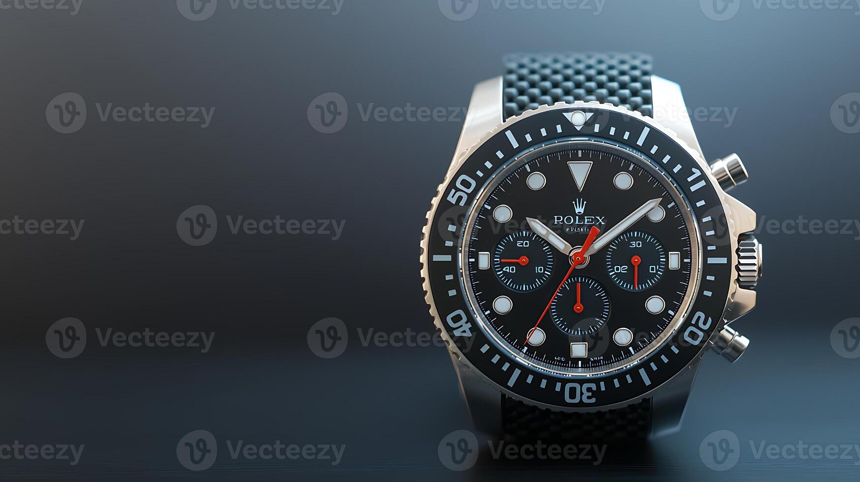 Close-up of a luxury diving watch with a black dial and red accents on a sleek background photo