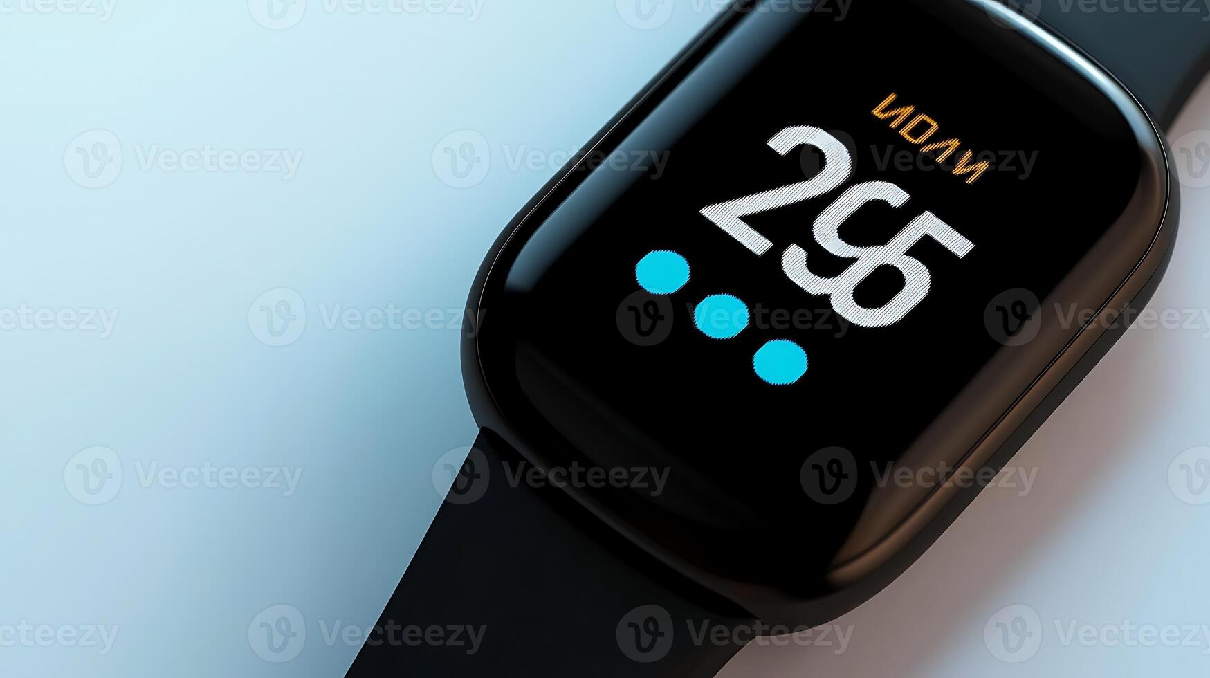 Close-up of a modern fitness smartwatch displaying step count against a soft blue background photo