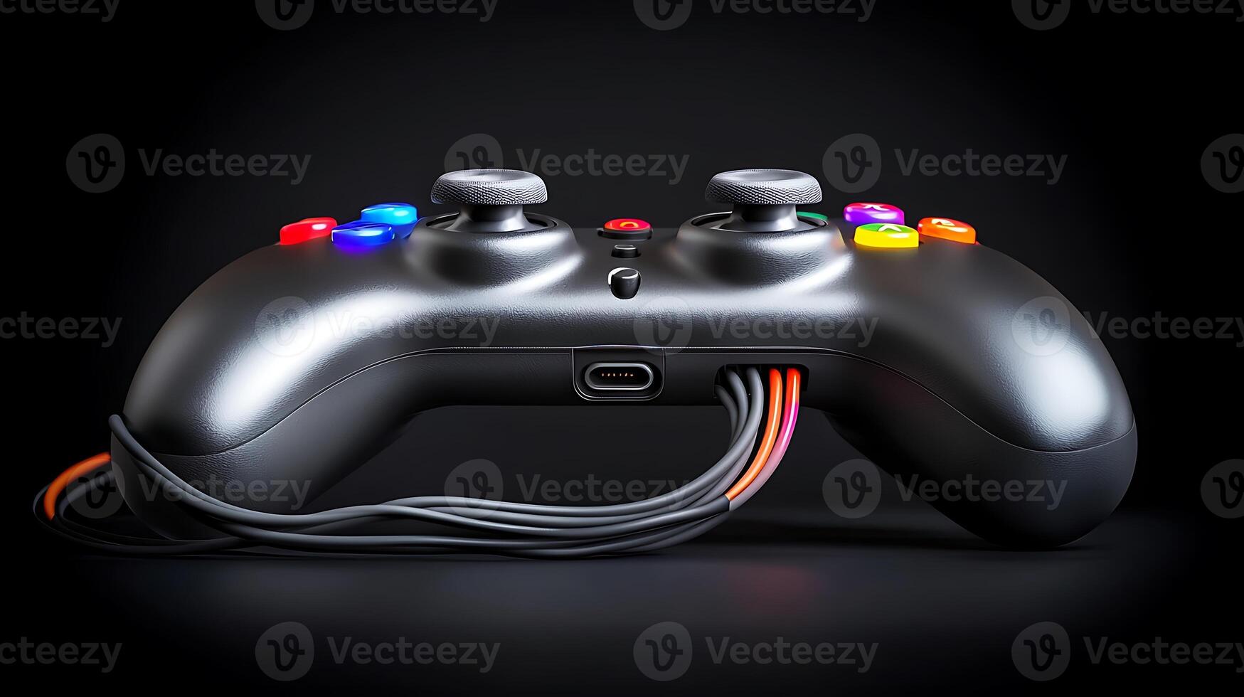 Close-up of a modern gaming controller with colorful buttons and visible cables on a dark background photo