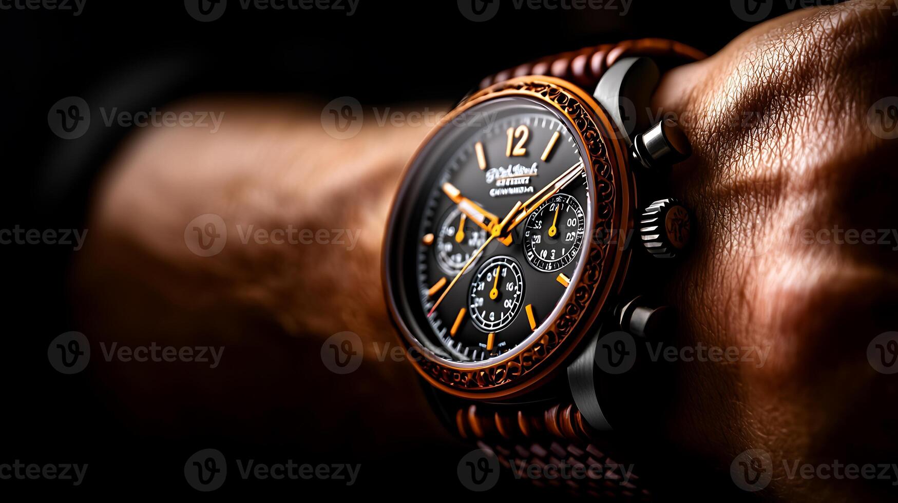 Close-up of a luxury watch on a wrist, showcasing intricate design and craftsmanship against a dark backdrop photo