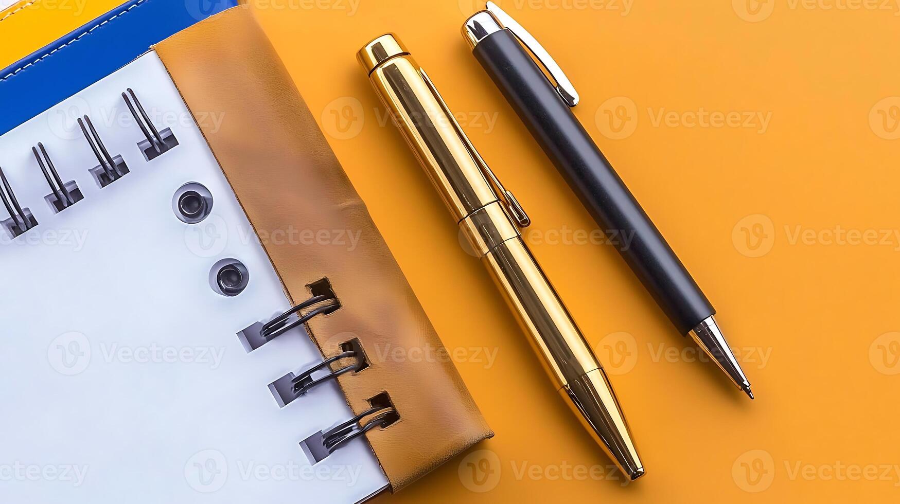 Close-up of a notebook with spiral binding and two pens on a vibrant orange background photo
