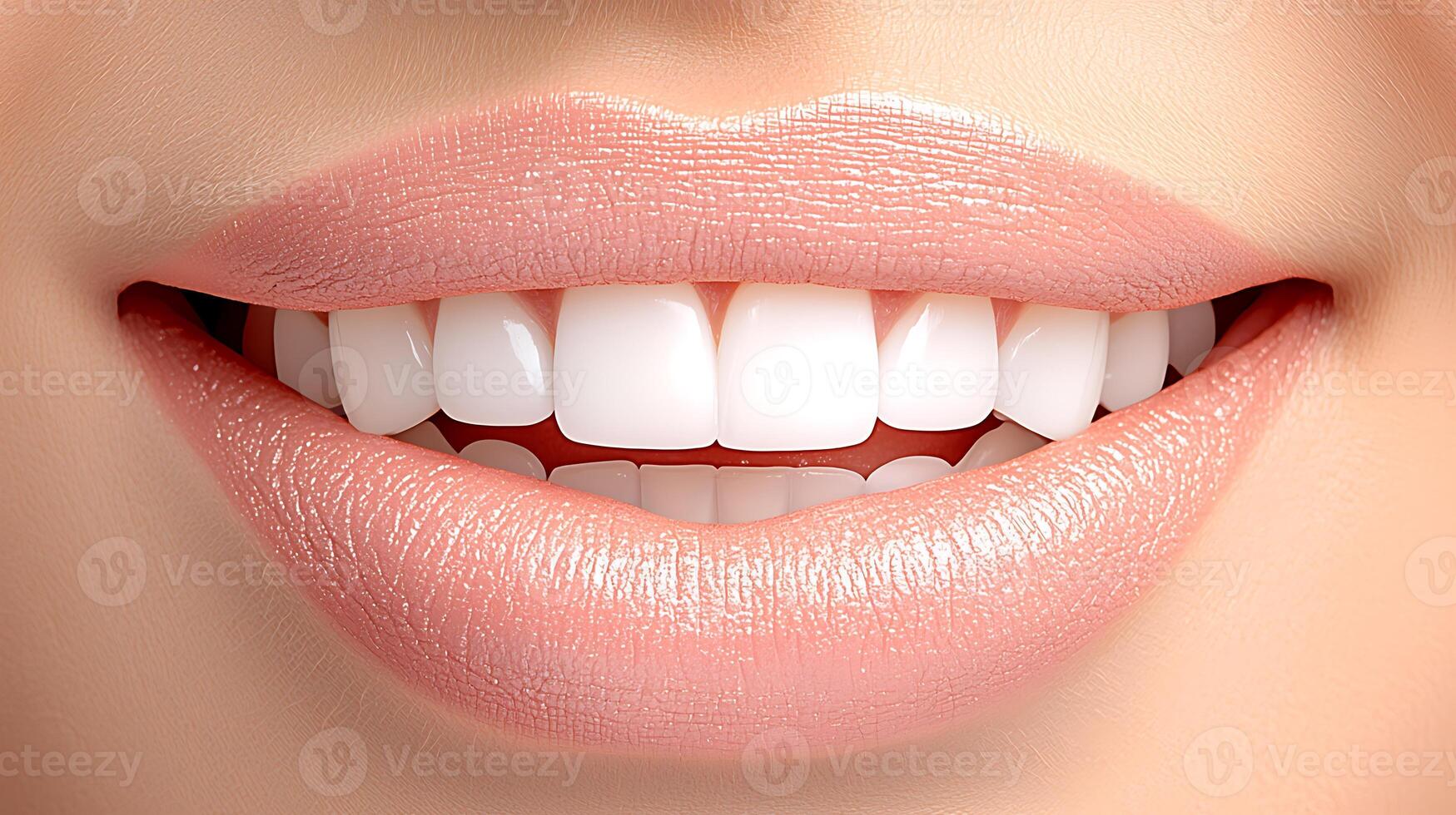 Close-up of a perfect smile showcasing bright white teeth and soft pink lips against a neutral background photo