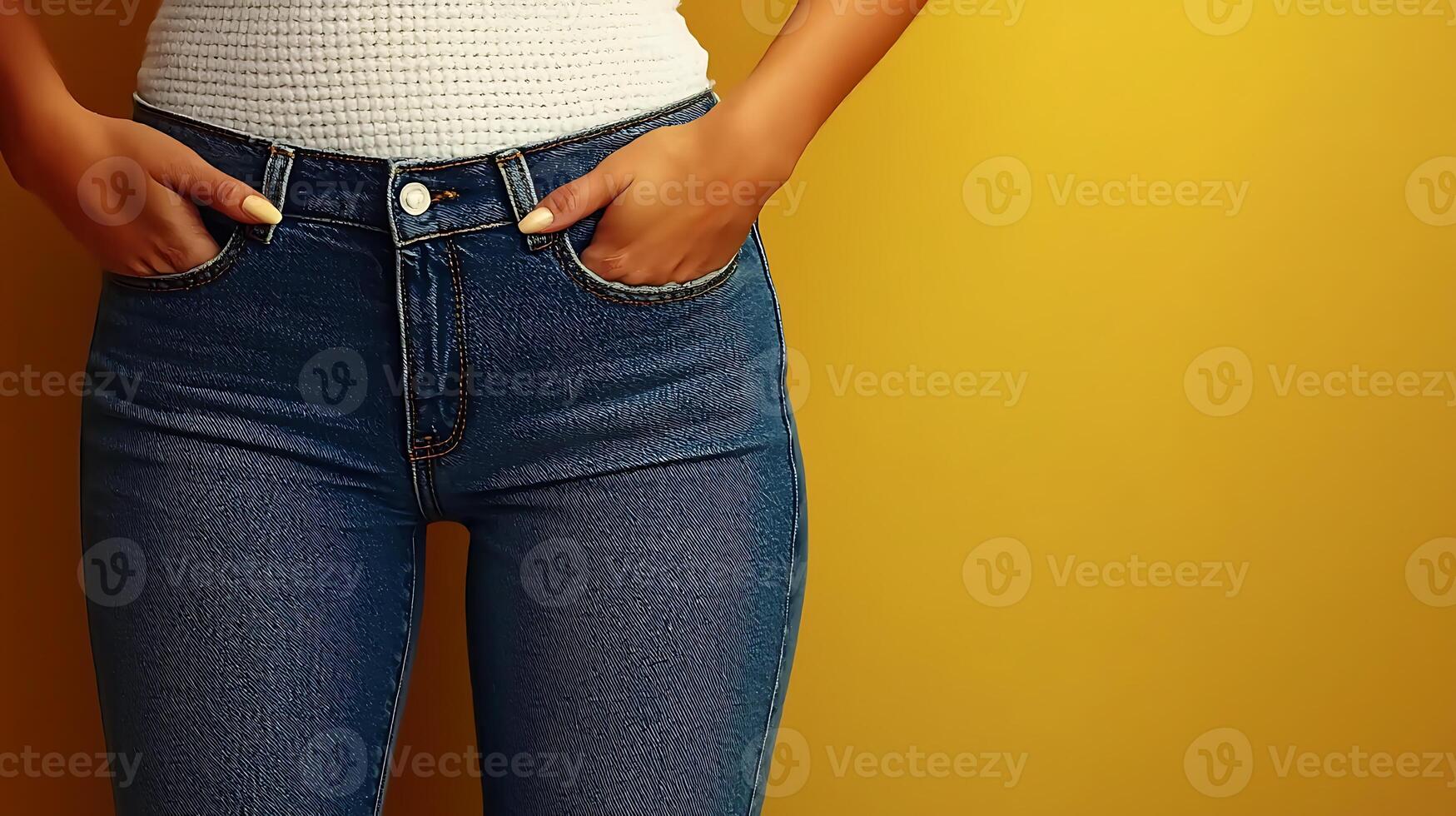 Close-up of a person in fitted jeans against a vibrant yellow background, showcasing casual style photo