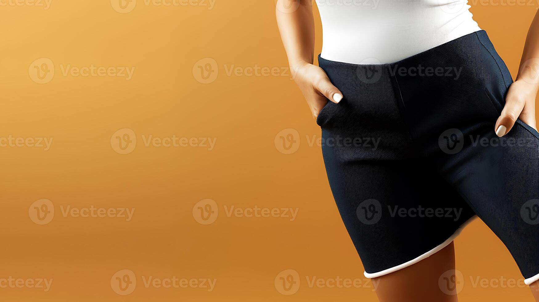 Close-up of a person in stylish shorts against a warm orange background, highlighting fashion photo