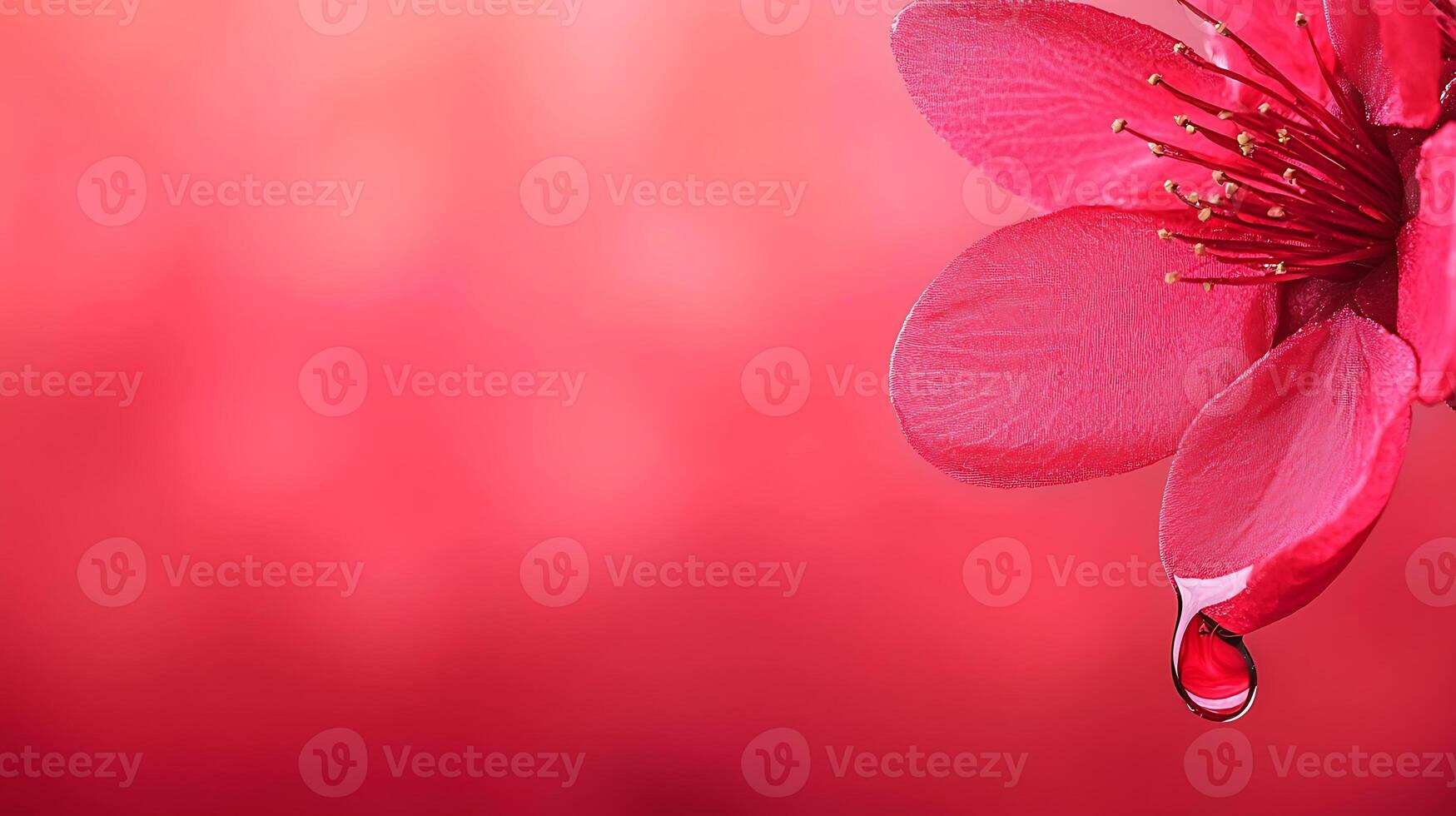 Close-up of a pink flower with a water droplet hanging, set against a soft pink background photo