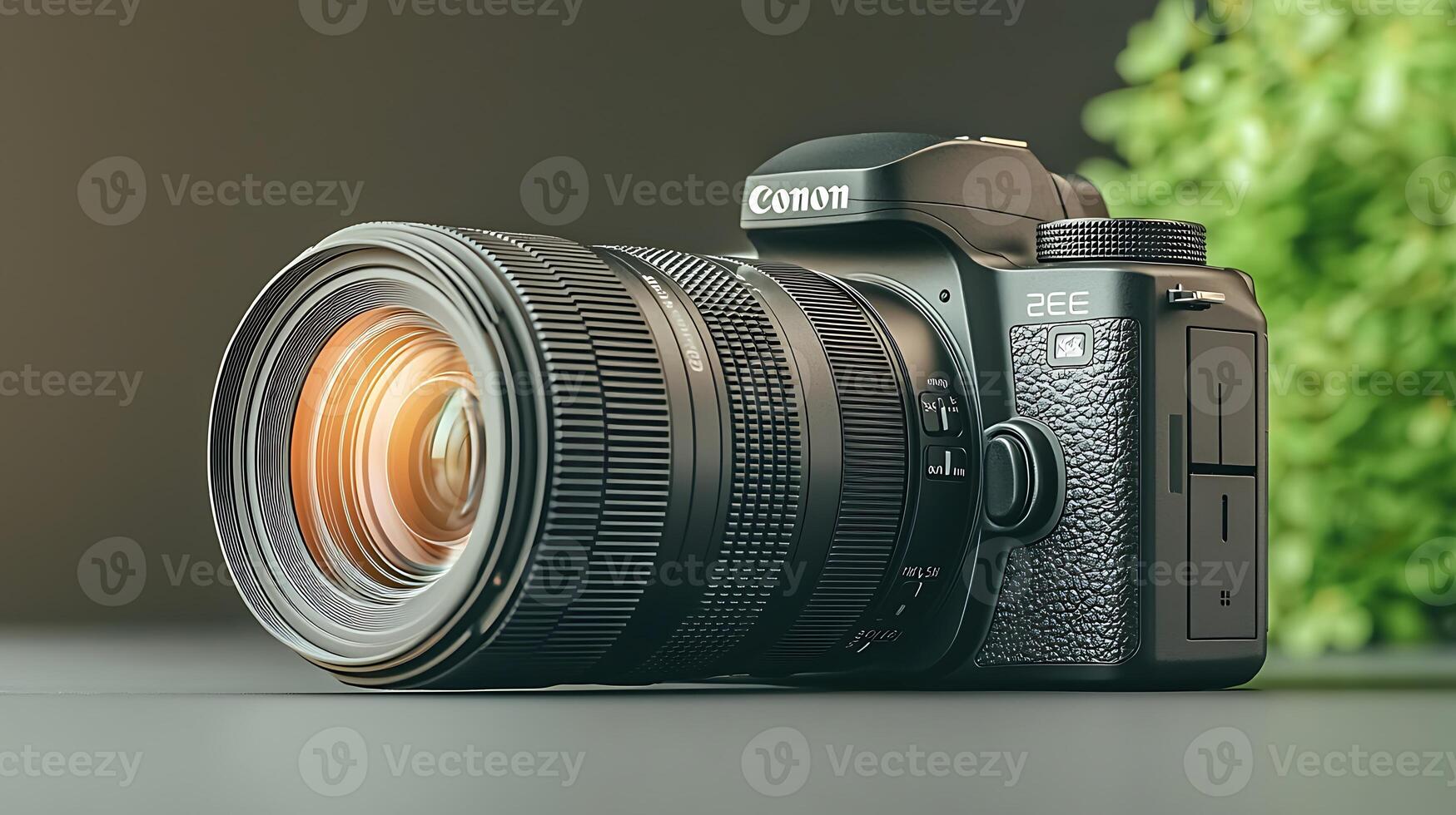 Close-up of a professional camera with a large lens on a sleek surface, surrounded by greenery photo