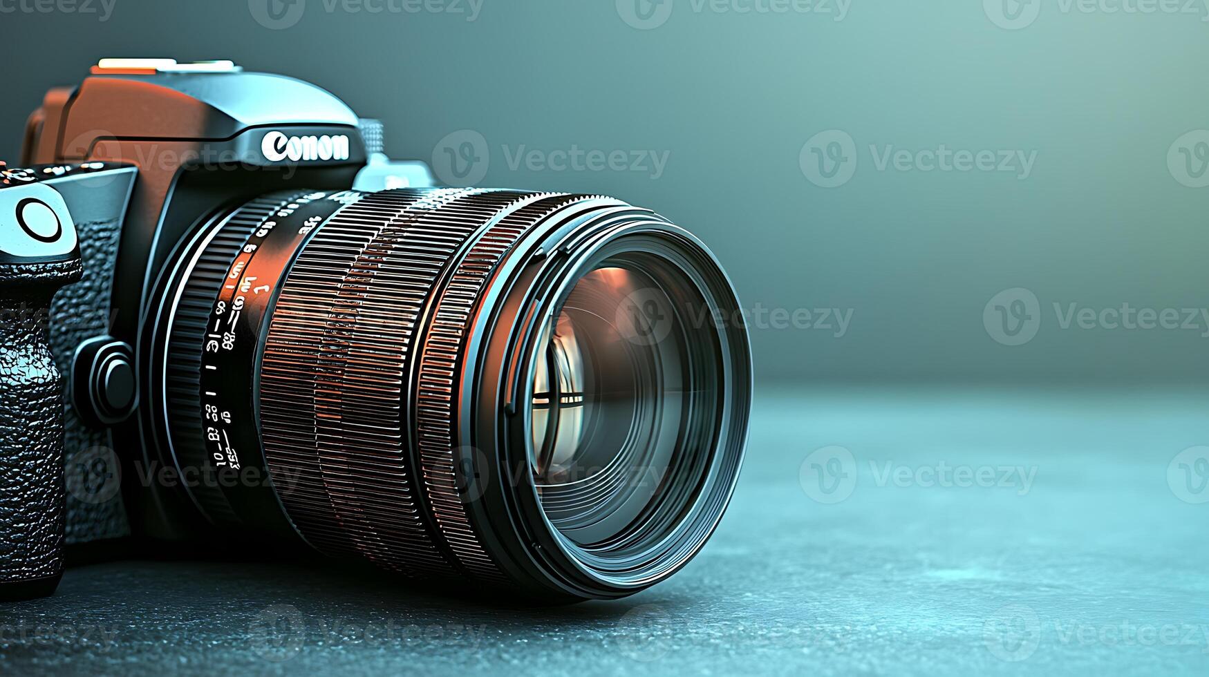 Close-up of a professional camera with a detailed lens on a textured surface, showcasing its features photo
