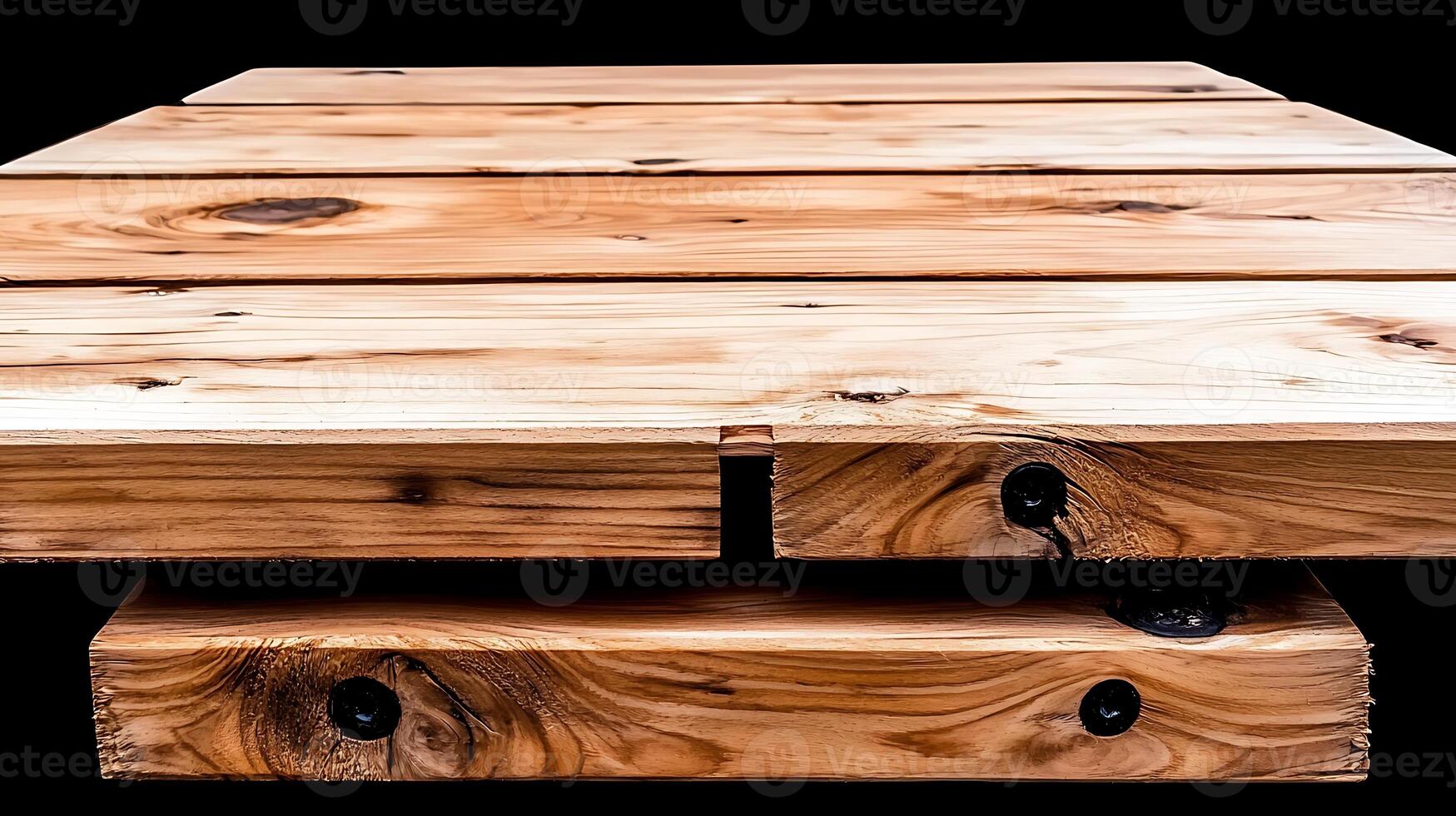 Close-up of a rustic wooden table showcasing natural grain patterns and textures, with a dark background photo